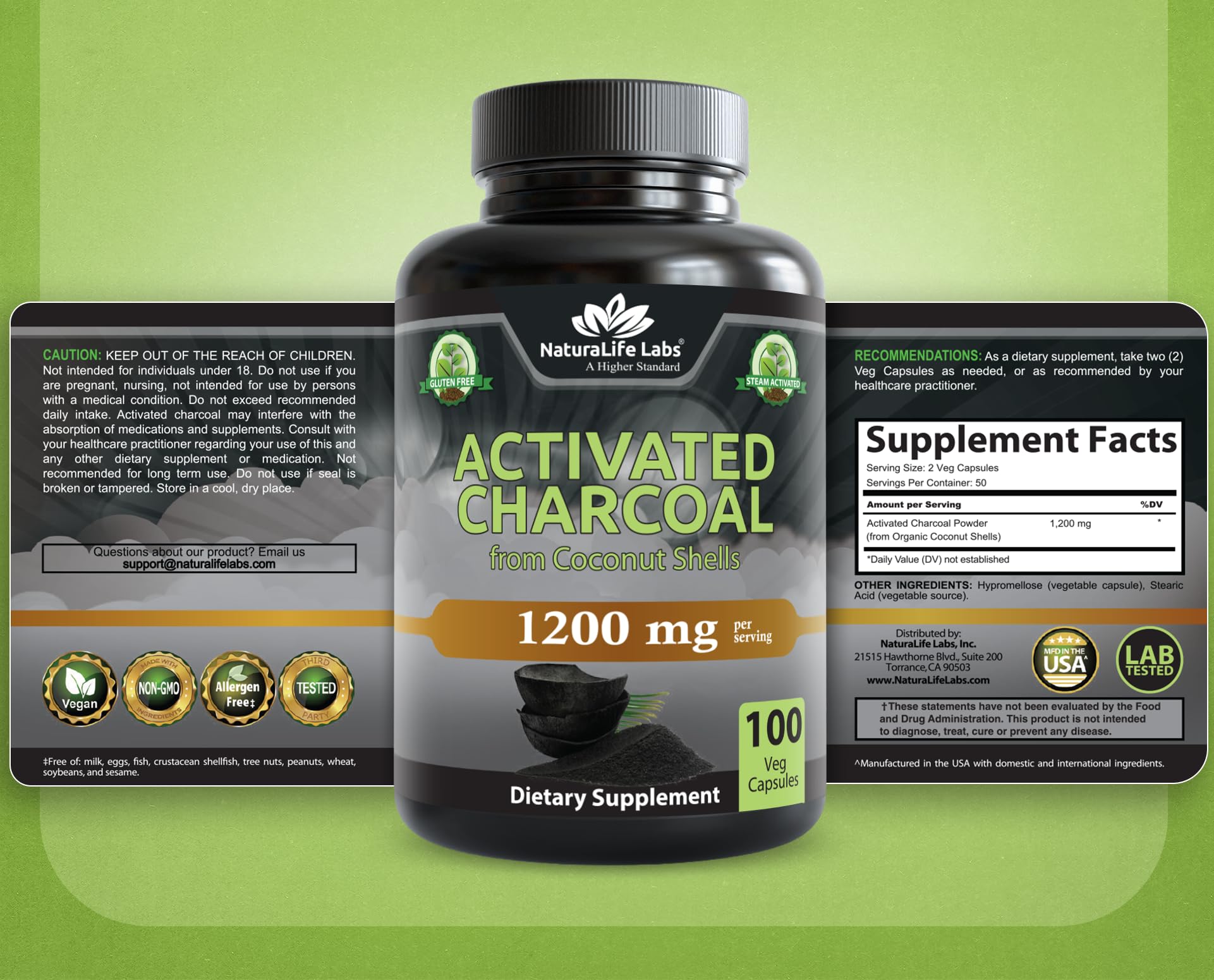 NaturaLife Labs Activated Charcoal Capsules lifestyle scene with greenery