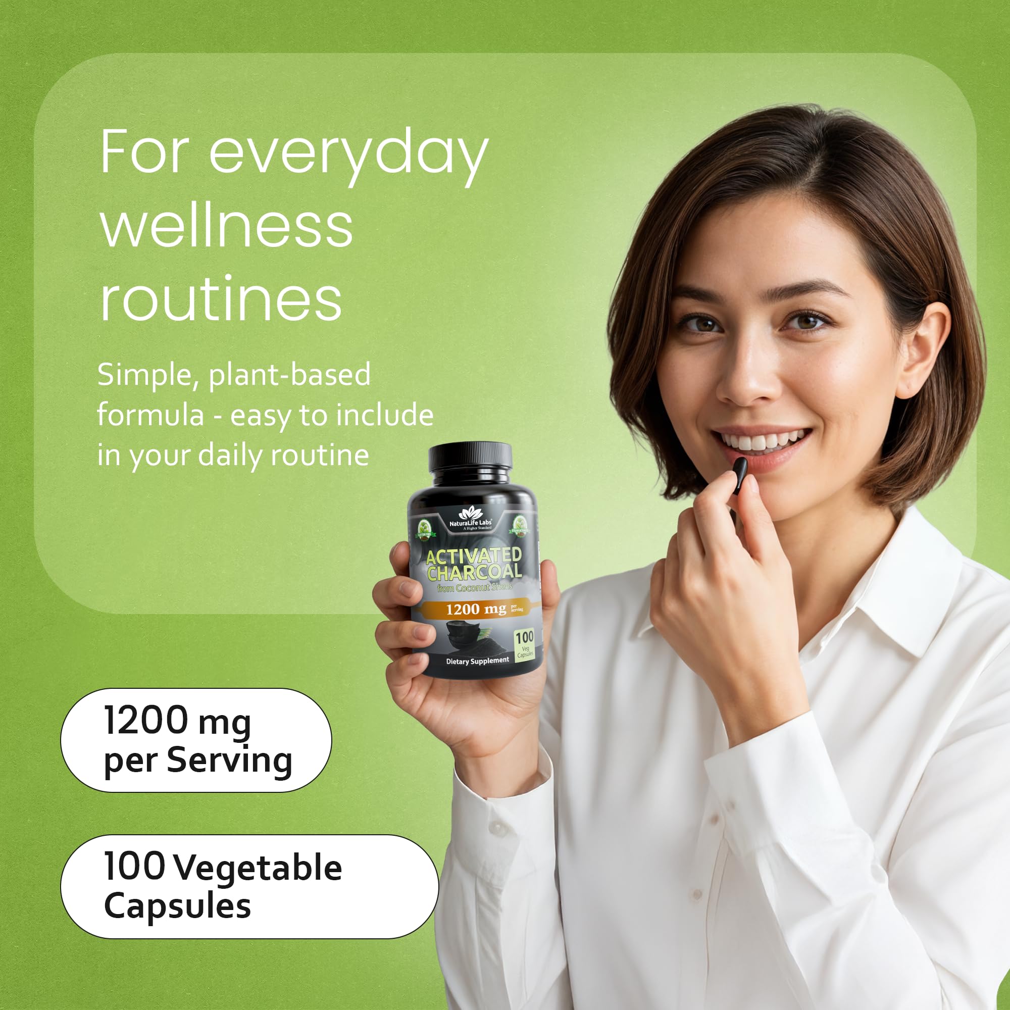 NaturaLife Labs Activated Charcoal Capsules on a wooden table