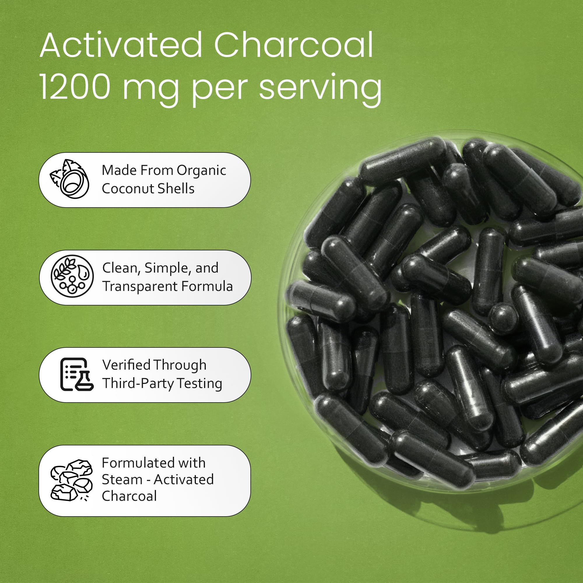 NaturaLife Labs Activated Charcoal Capsules open bottle with capsules