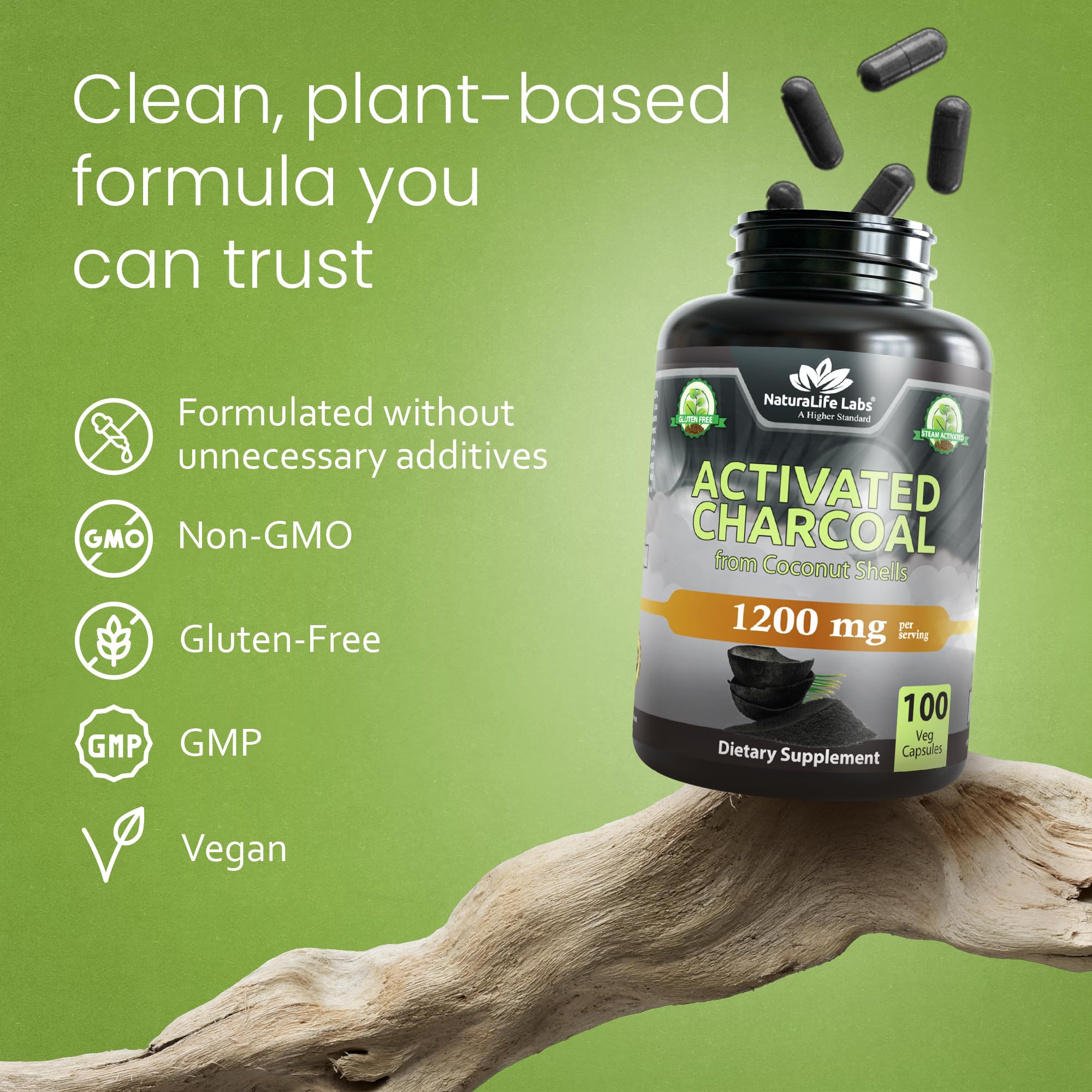 NaturaLife Labs Activated Charcoal Capsules with measuring spoon