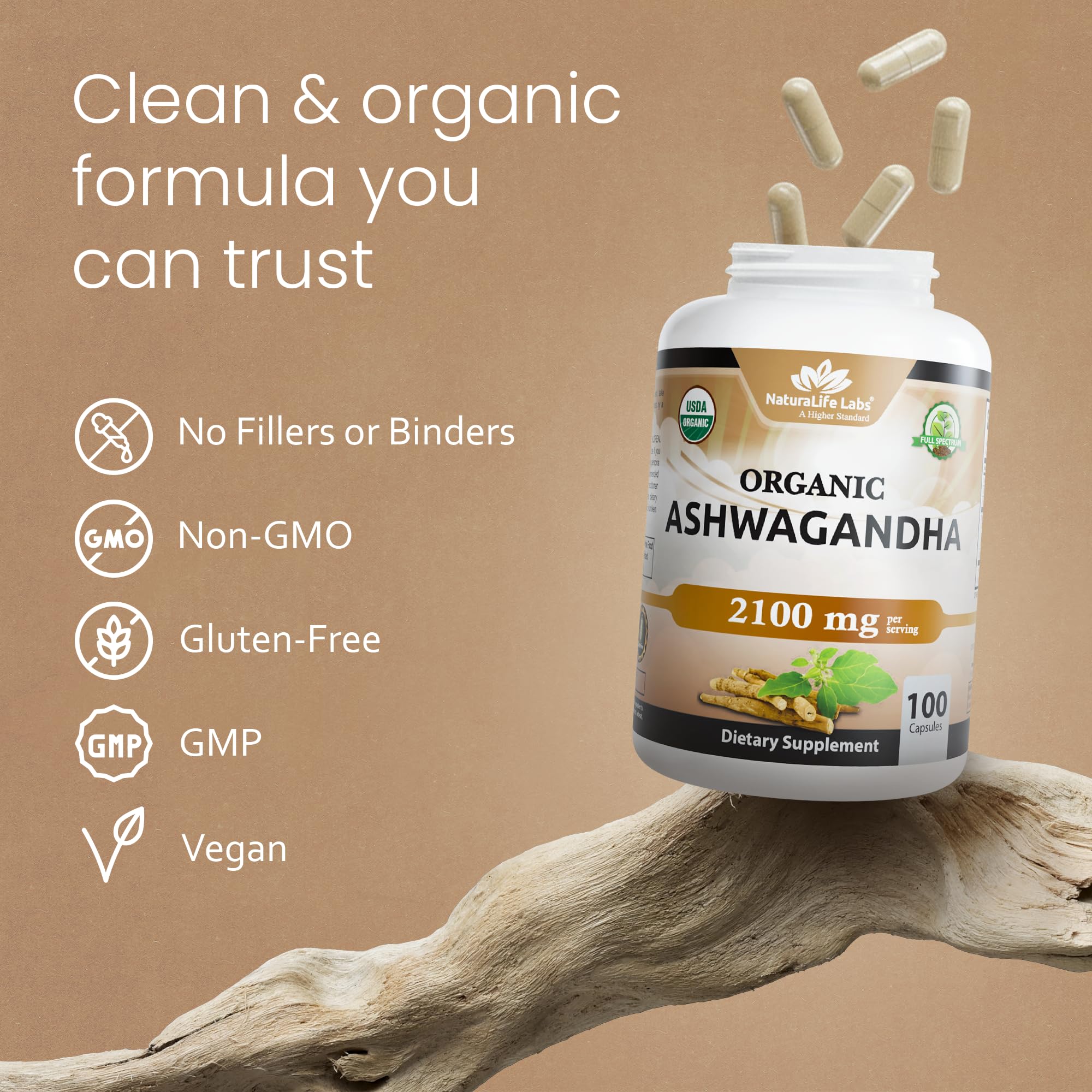 NaturaLife Labs Ashwagandha Supplement bottle with capsules