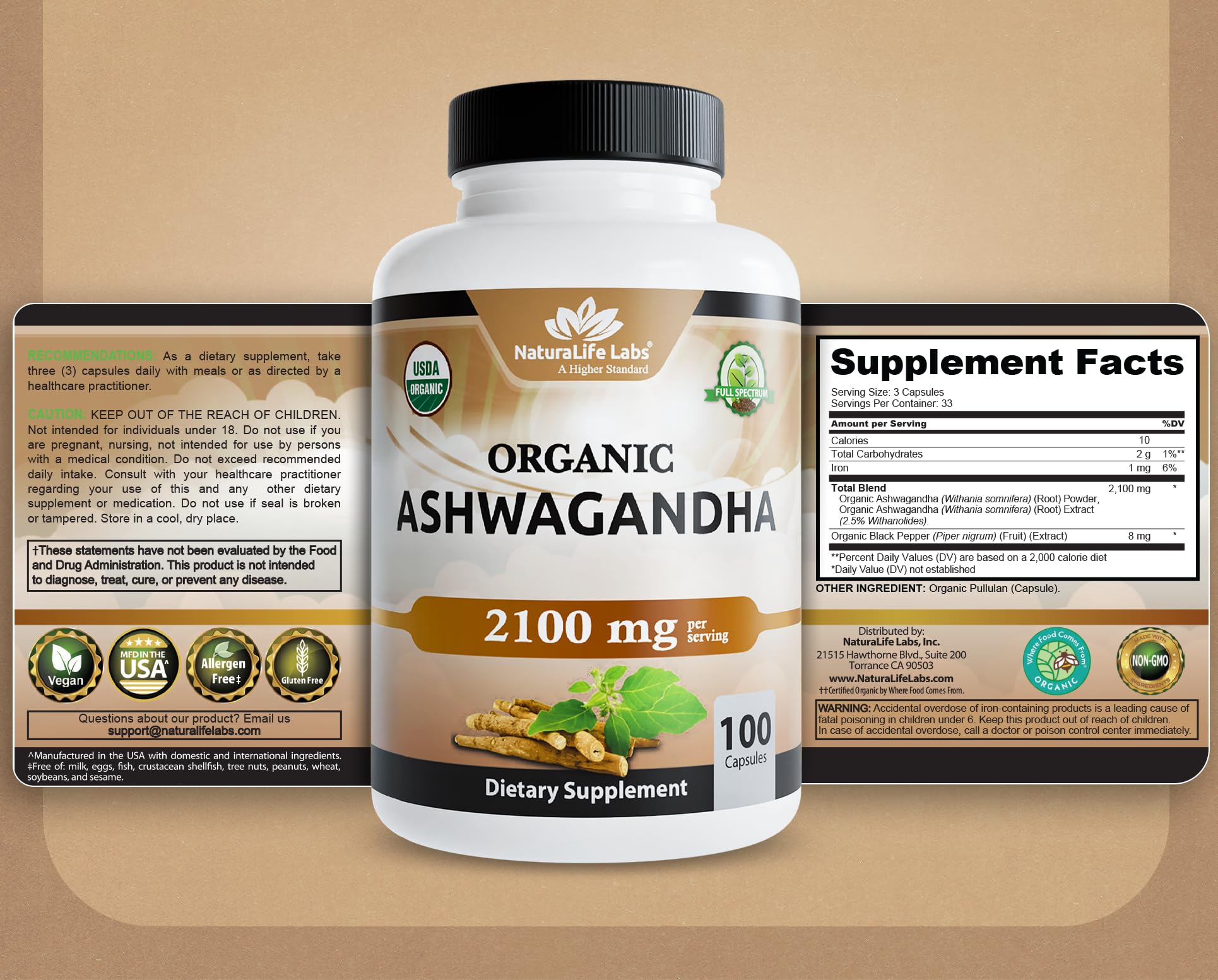 NaturaLife Labs Ashwagandha Supplement nutritional information