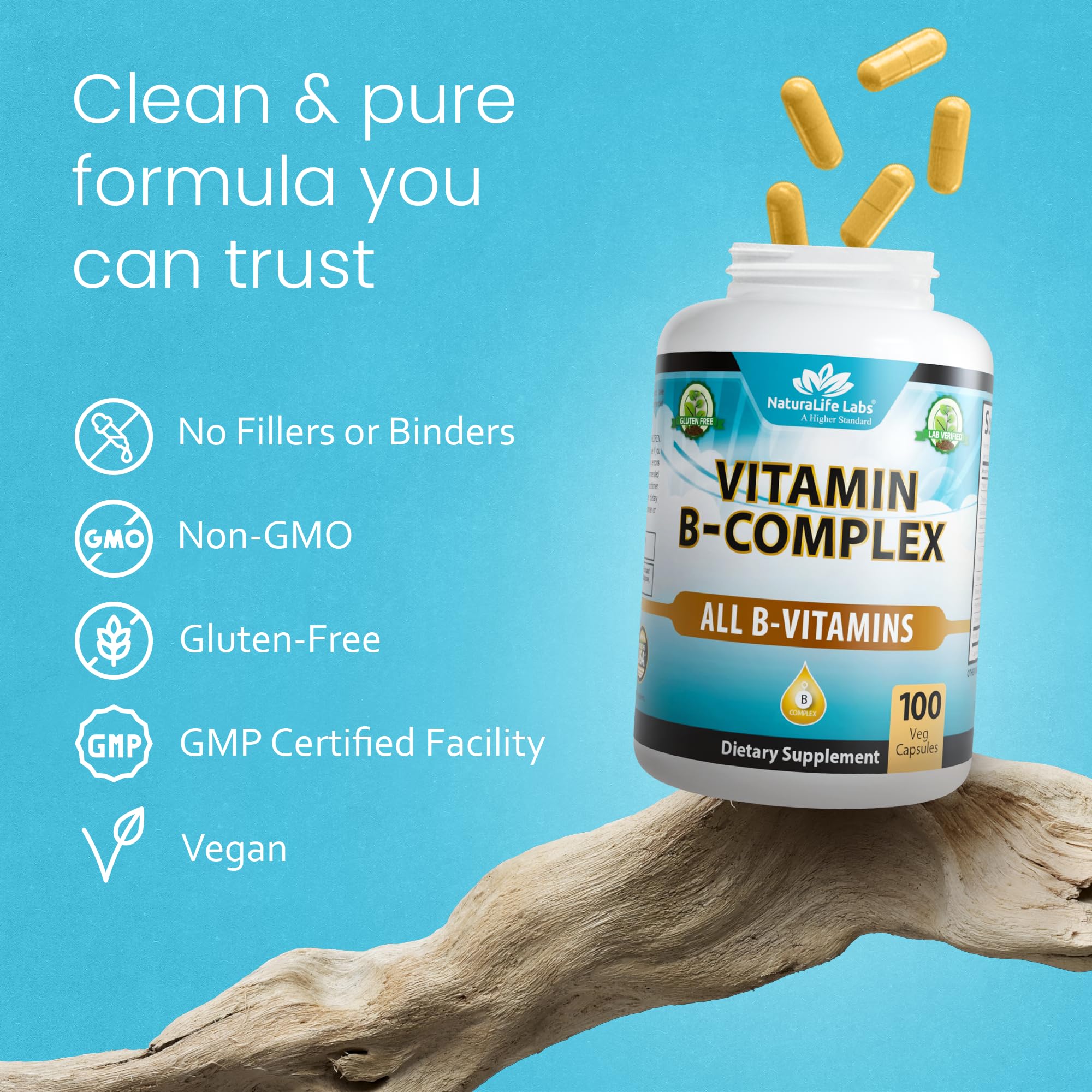 NaturaLife Labs B-Complex Vitamins 60 Capsules on a wooden table