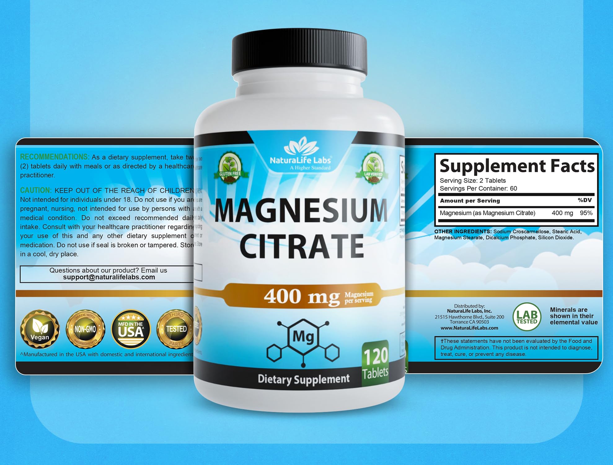 NaturaLife Labs Magnesium Citrate 400mg 120 Tablets packaging
