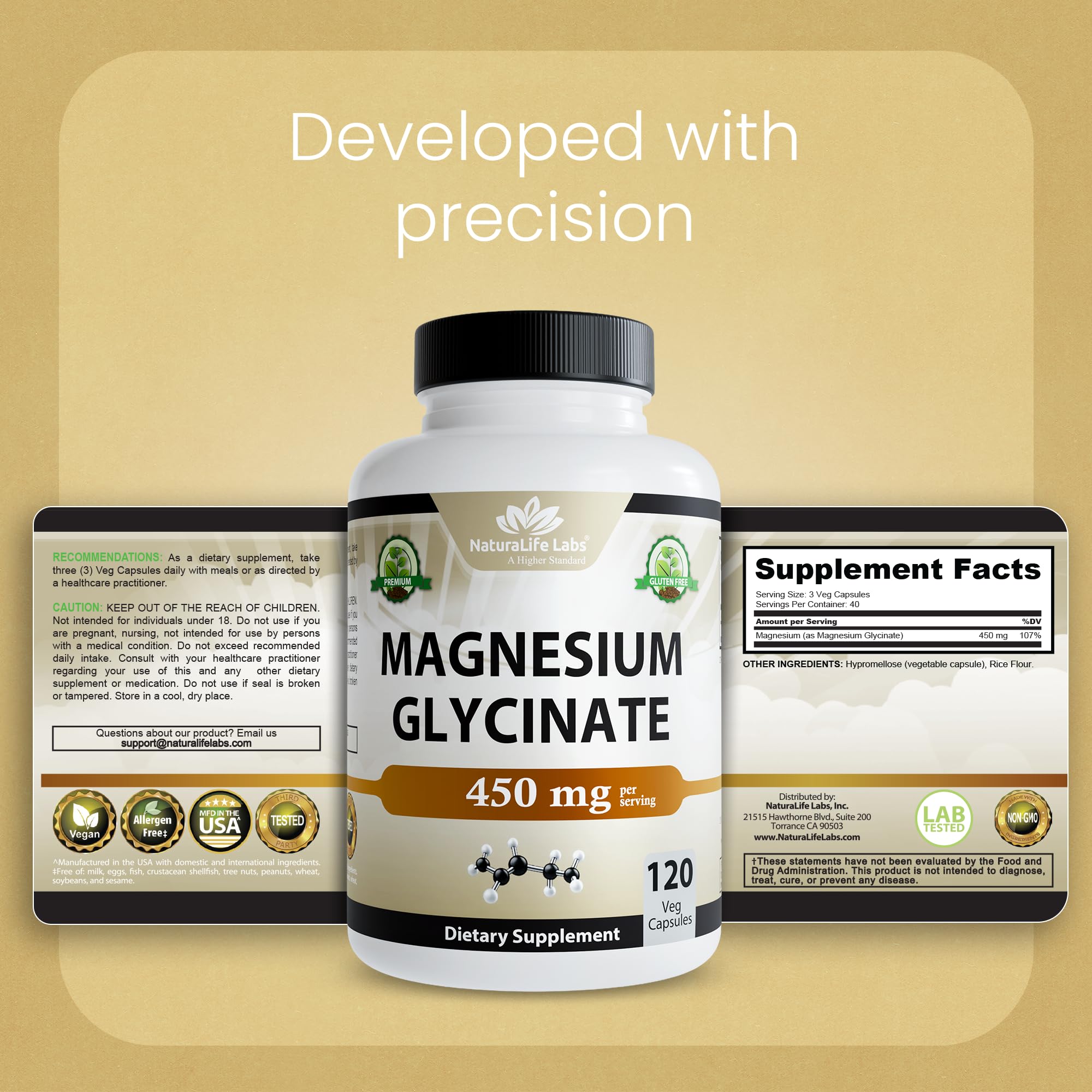 NaturaLife Labs Magnesium Glycinate 450mg supplement on a wooden table