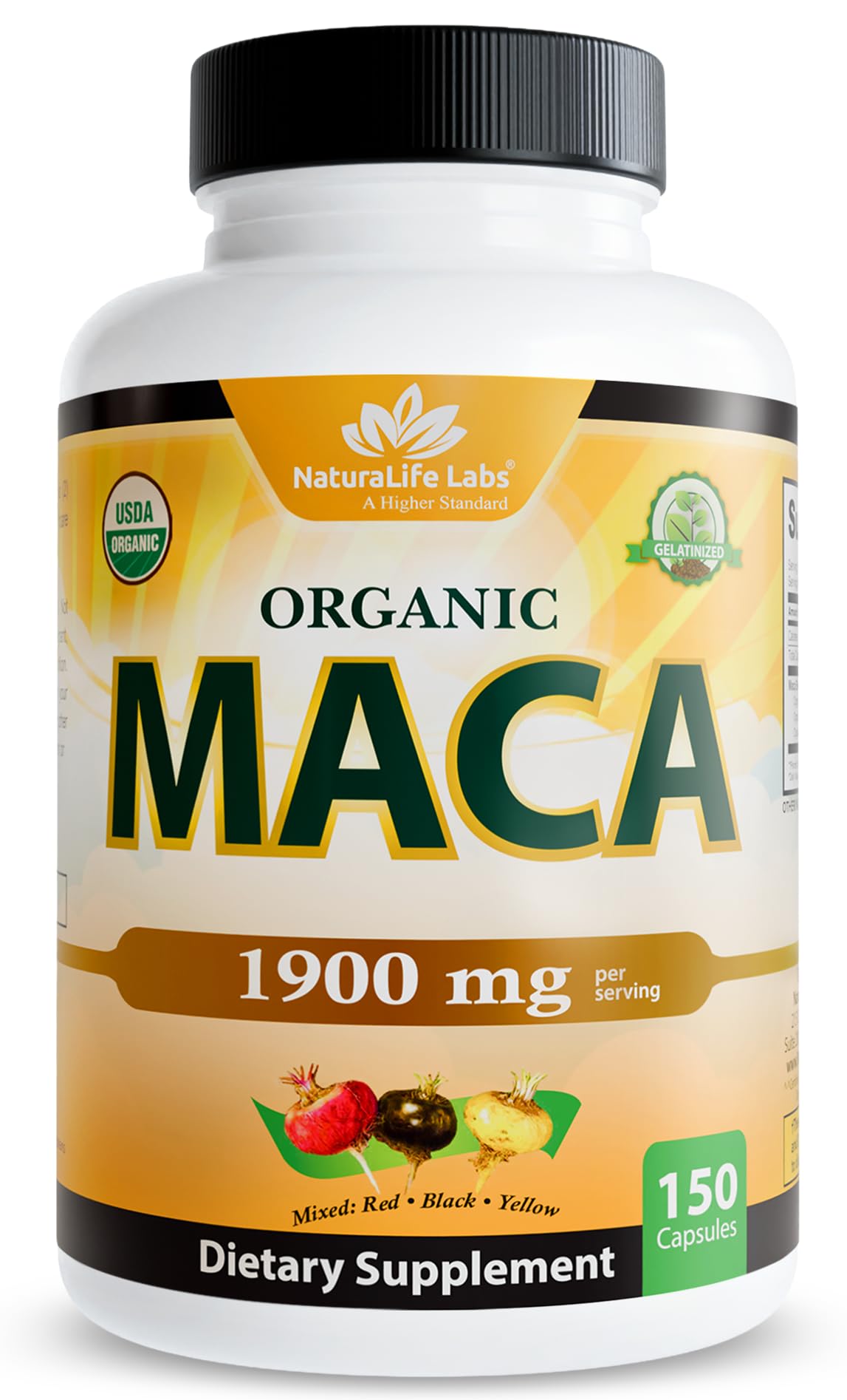 NaturaLife Labs Organic Maca Root Supplement 150 capsules bottle front view