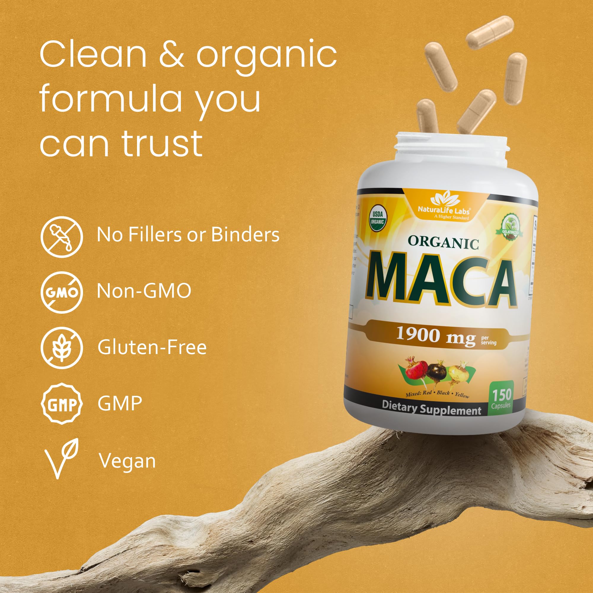 NaturaLife Labs Organic Maca Root Supplement displayed with fresh maca root