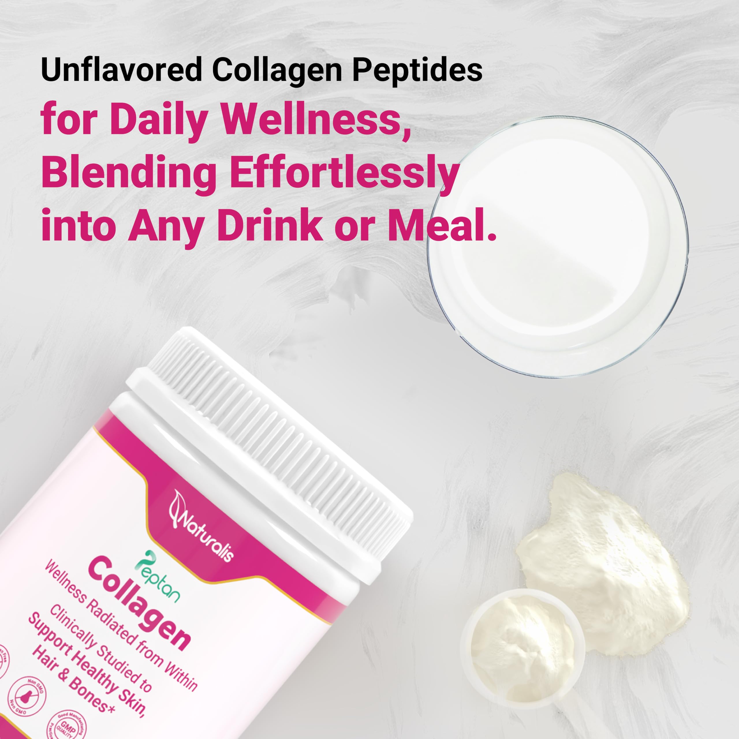 Naturalis Collagen Powder 198g being mixed in a smoothie