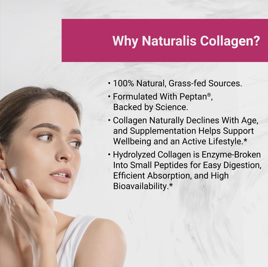 Naturalis Collagen Powder 198g displayed on a kitchen counter