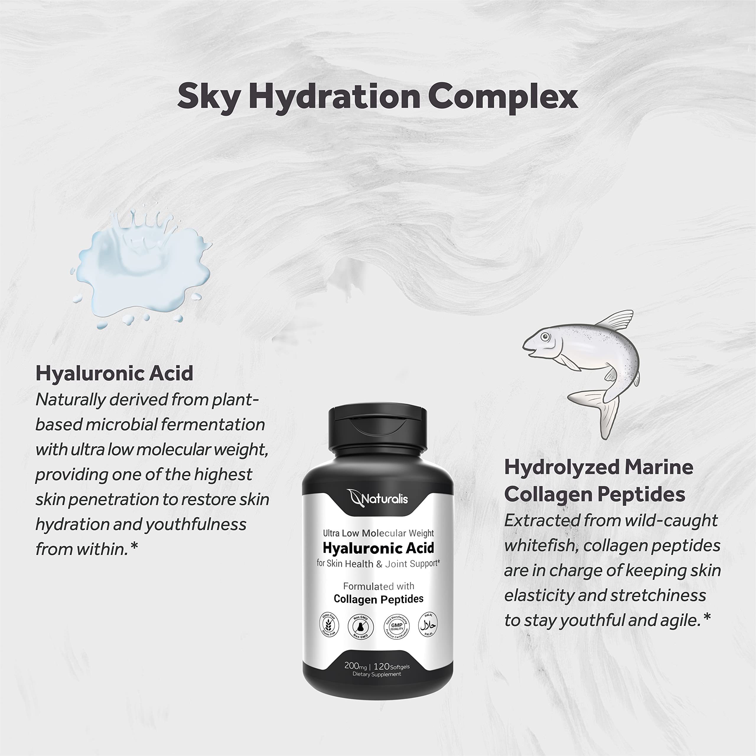 Naturalis Hyaluronic Acid Collagen Supplement back view of packaging
