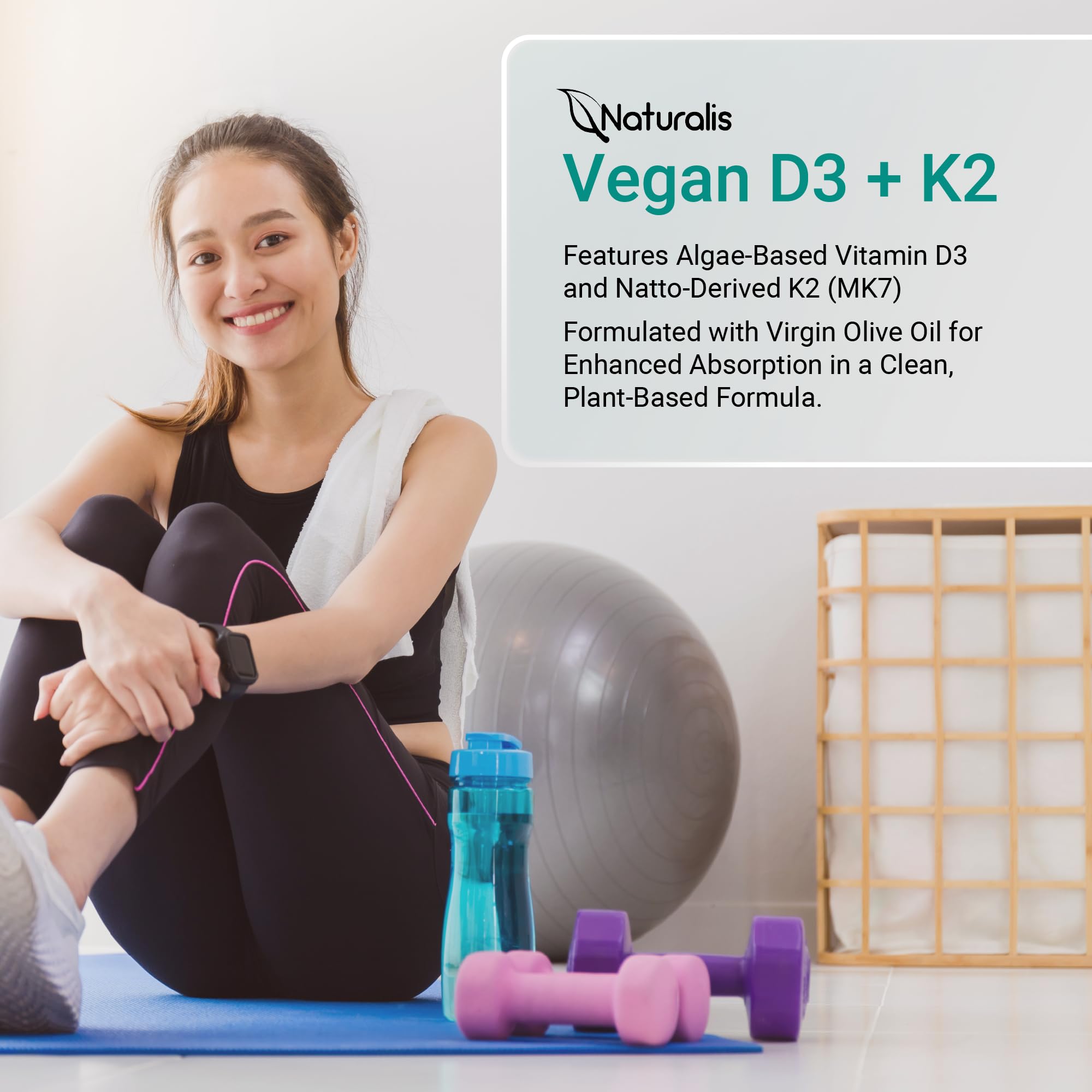 Naturalis Vegan Vitamin D3 + K2 softgel capsules in a hand