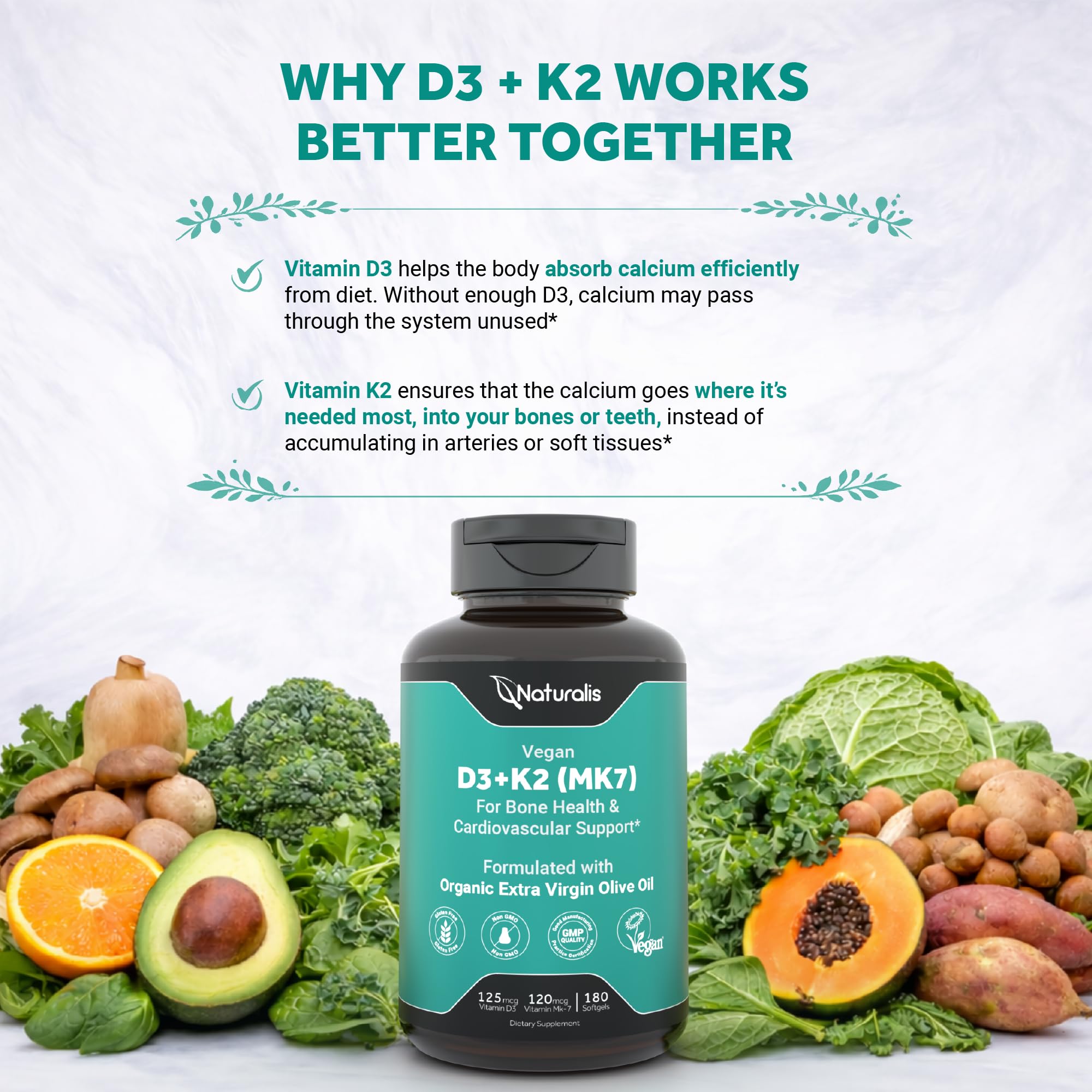 Naturalis Vegan Vitamin D3 + K2 softgel capsules on a wooden table