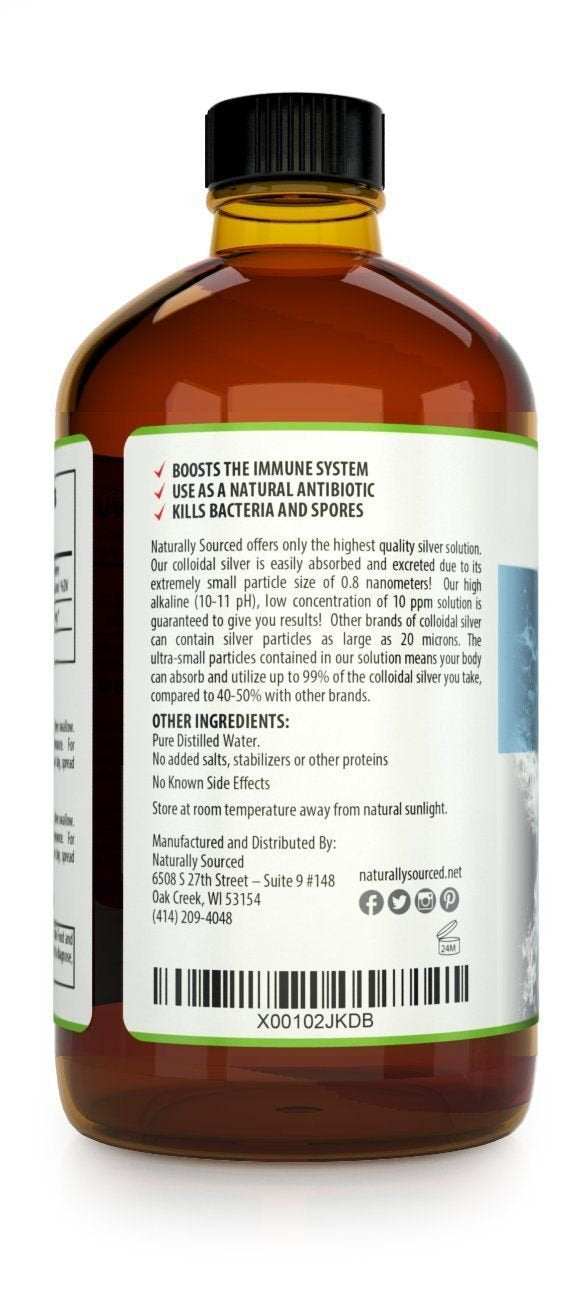Naturally Sourced Colloidal Silver 10ppm 499g glass bottle back view