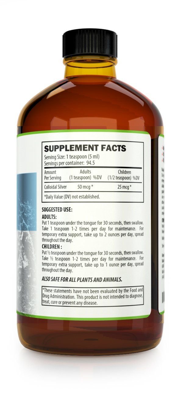 Naturally Sourced Colloidal Silver 10ppm 499g glass bottle side view