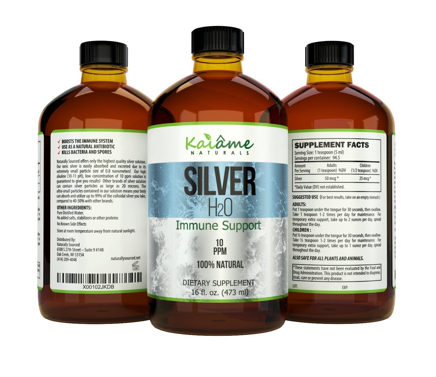 Naturally Sourced Colloidal Silver 10ppm 499g glass bottle with label details