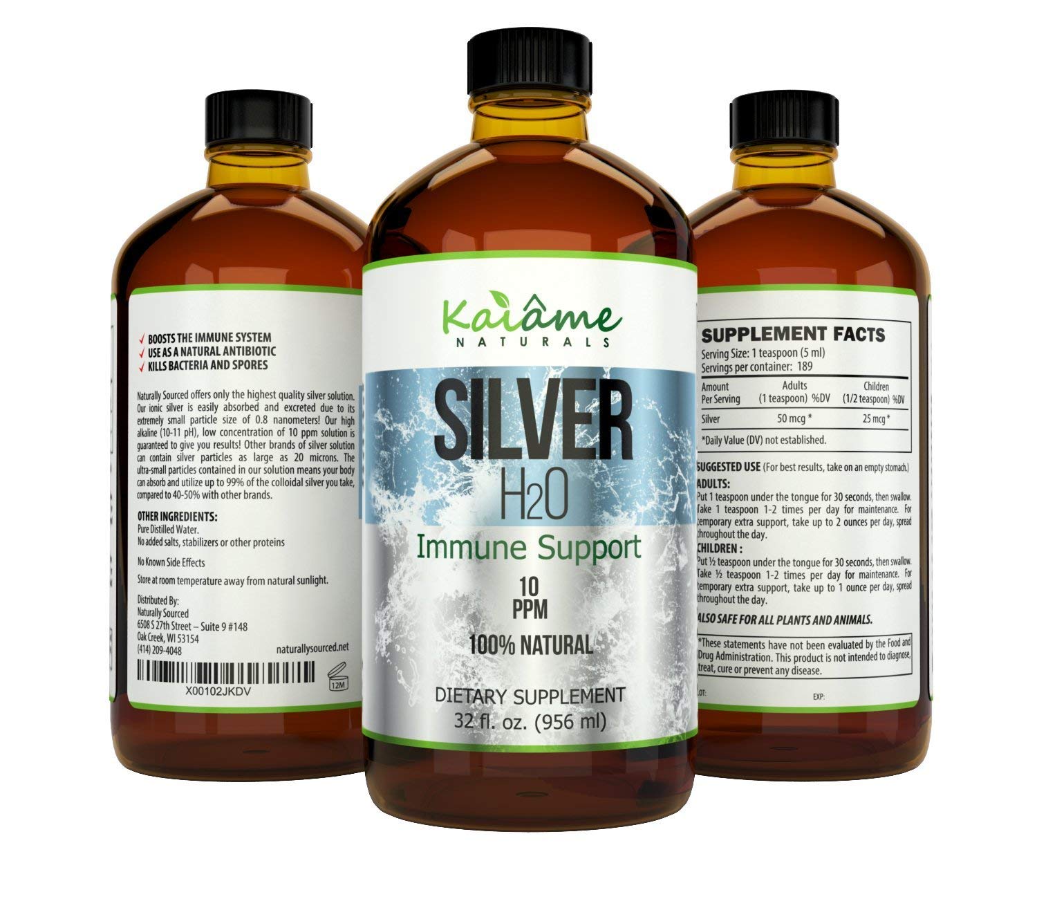 Naturally Sourced Colloidal Silver 10ppm glass bottle side view
