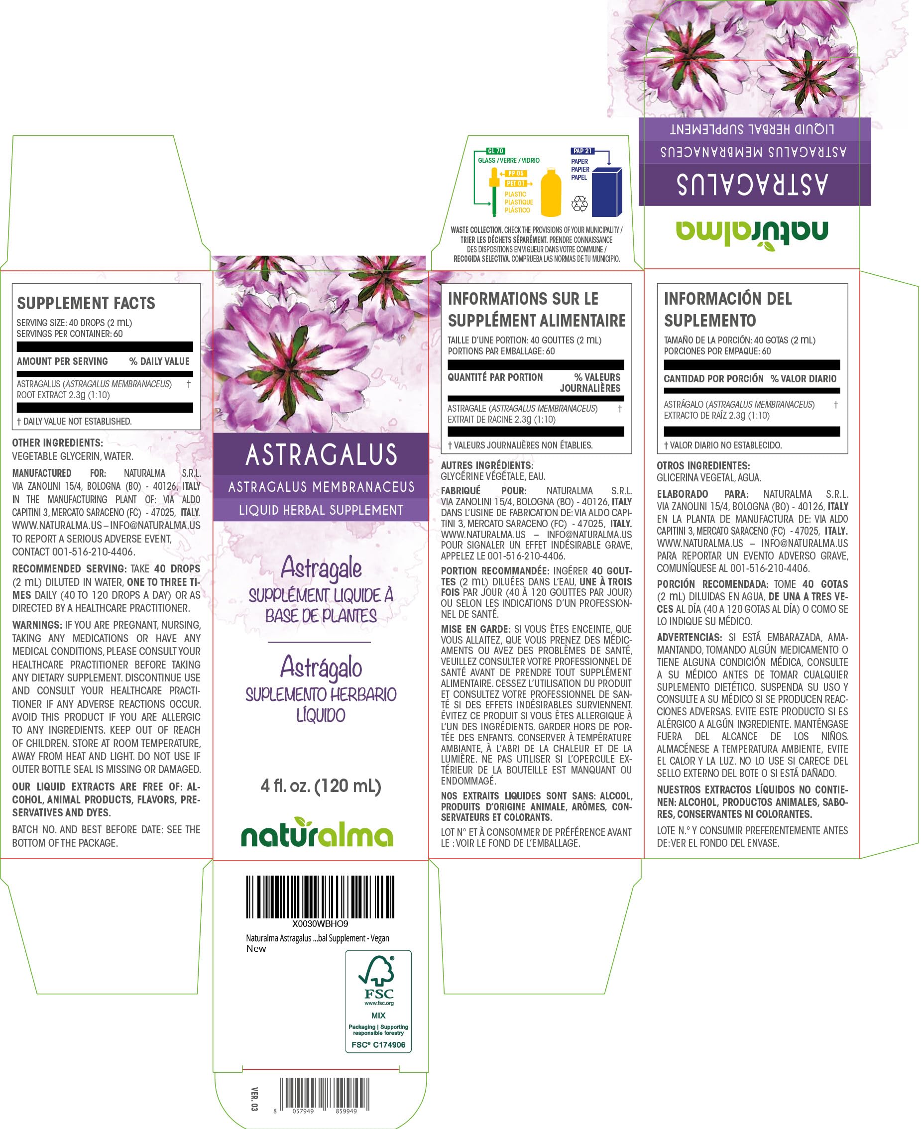 Naturalma Astragalus Liquid Extract 180g bottle with dropper