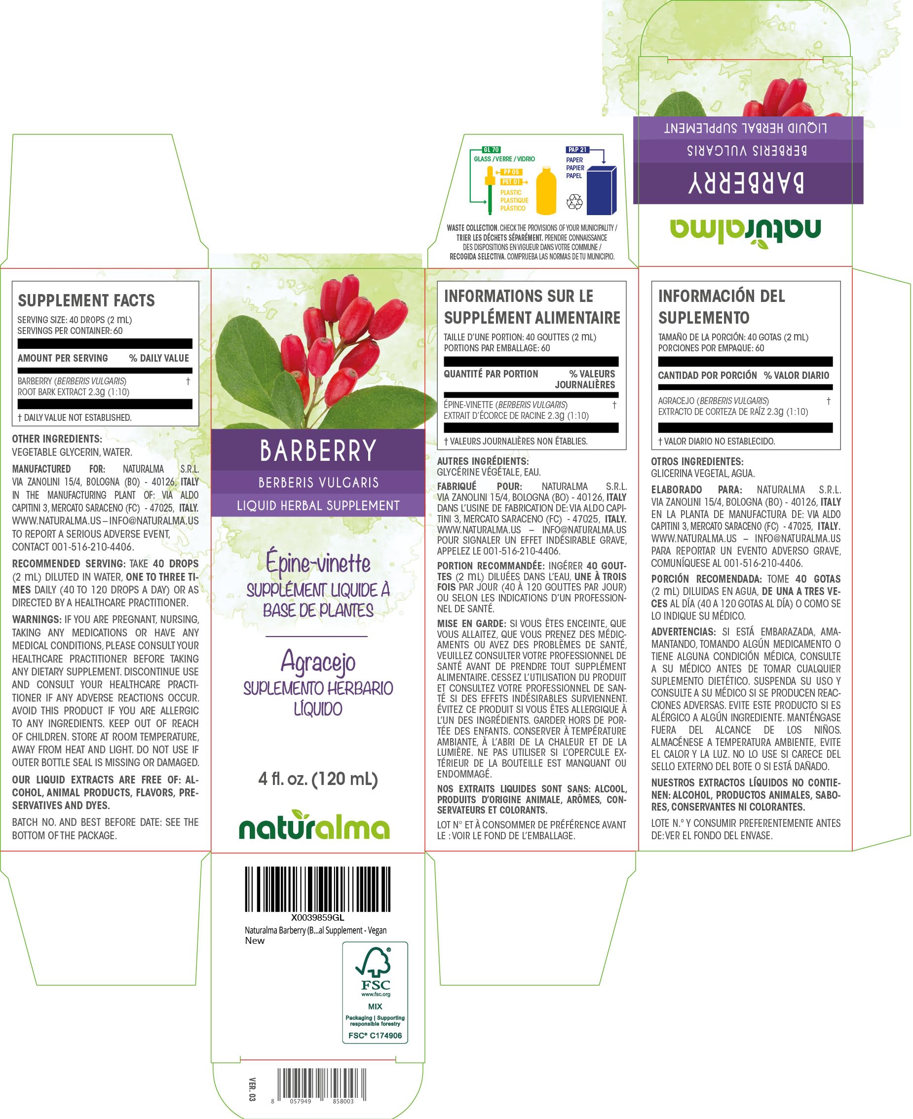Naturalma Barberry Liquid Extract 180g bottle with dropper