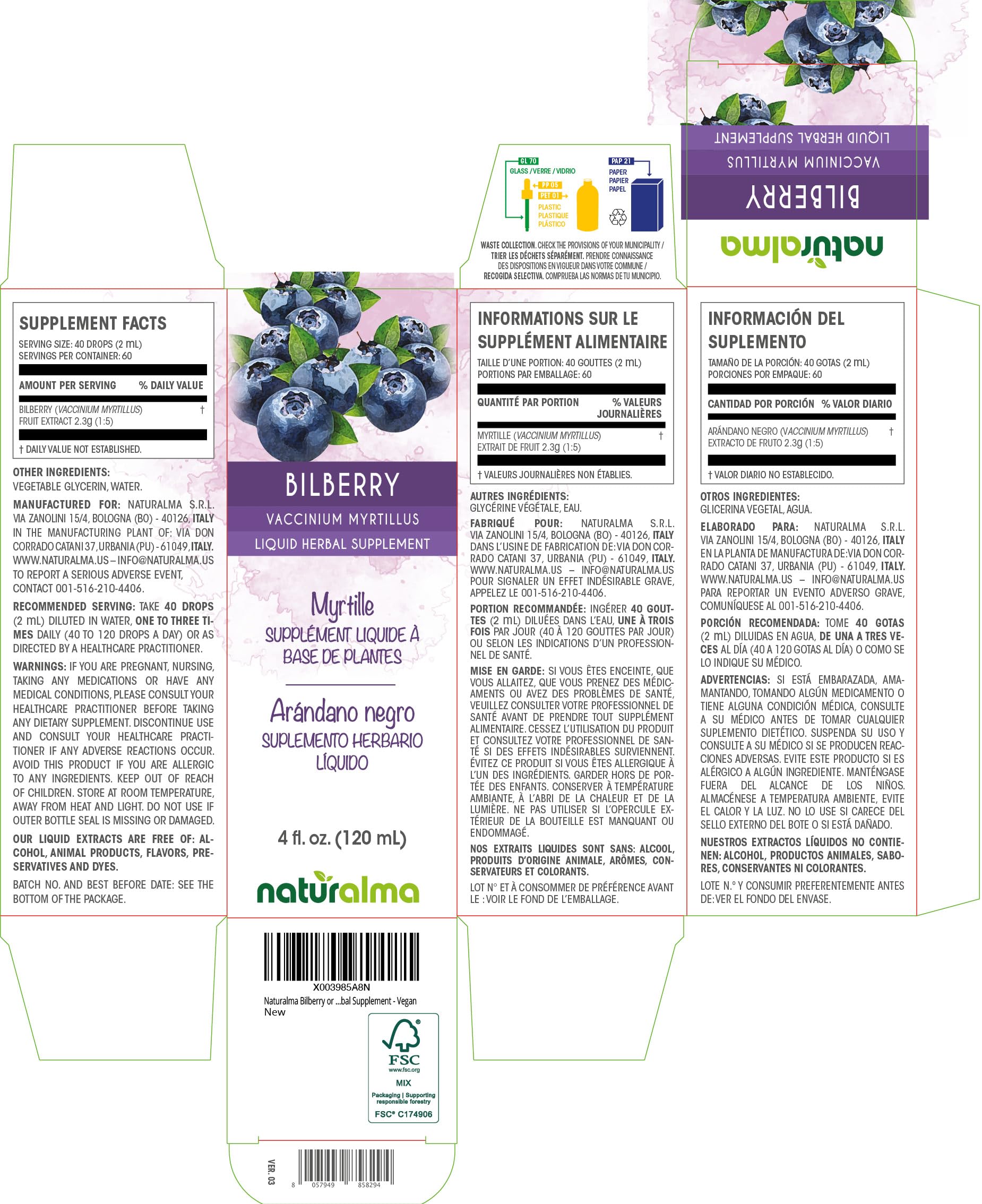 Naturalma Bilberry Liquid Extract ingredients label