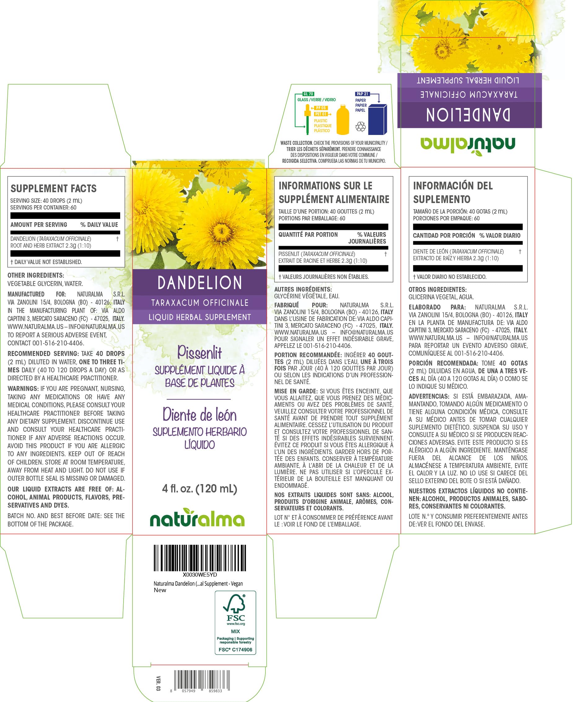Naturalma Dandelion Liquid Extract 180g bottle with dropper