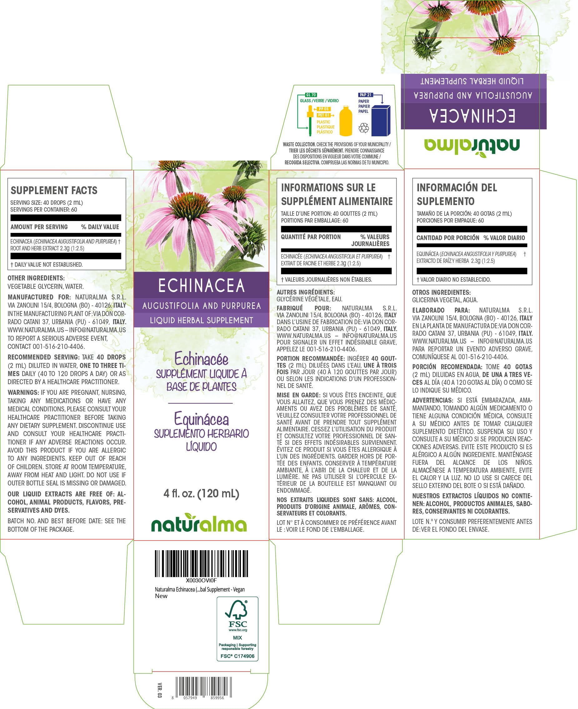 Naturalma Echinacea Liquid Extract 180g bottle side view