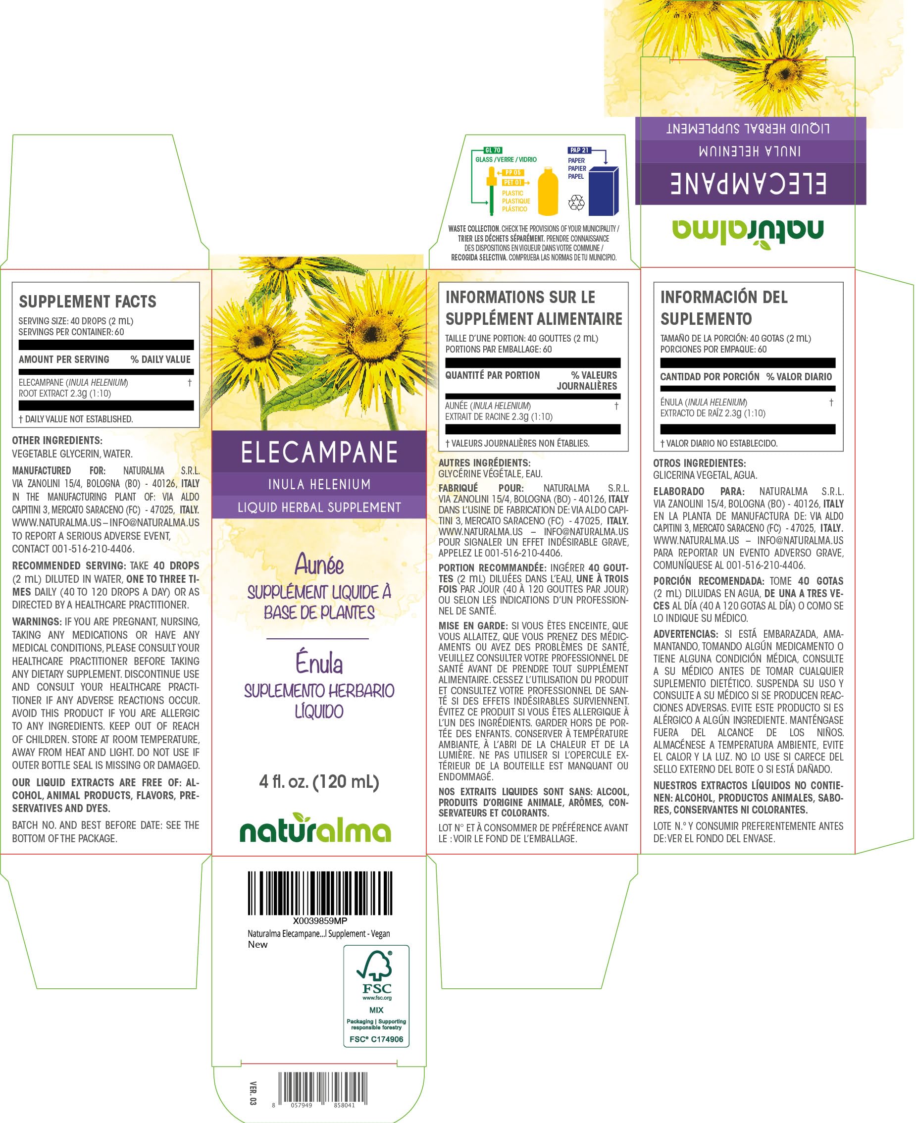 Naturalma Elecampane Liquid Extract 180g bottle side view