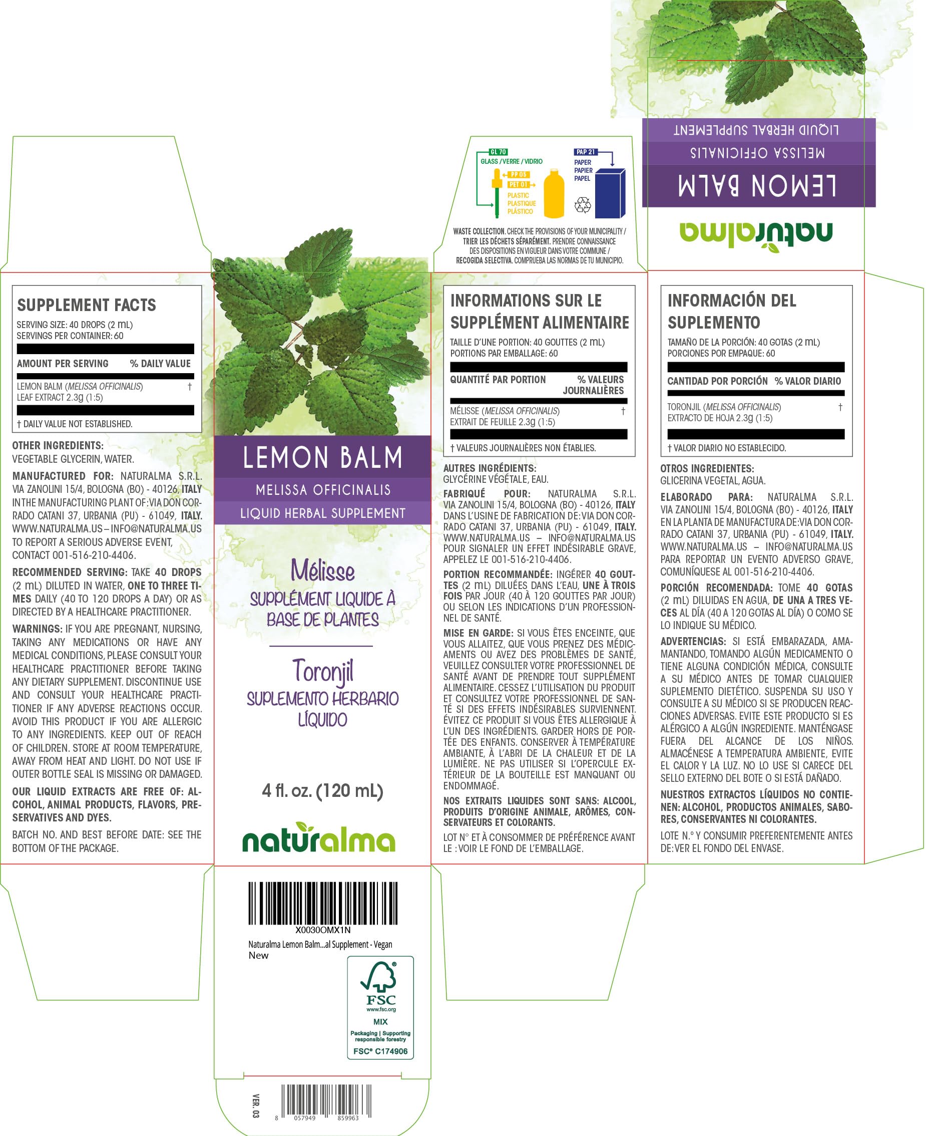 Naturalma Lemon Balm Liquid Extract 150g bottle side view