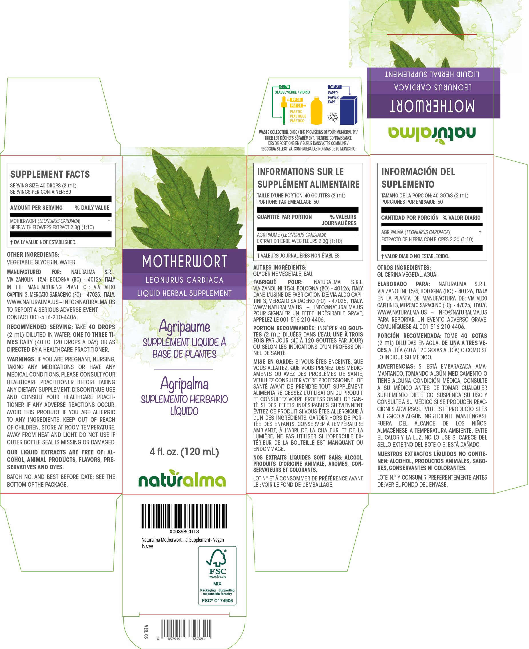 Naturalma Motherwort Liquid Extract back view with ingredient list