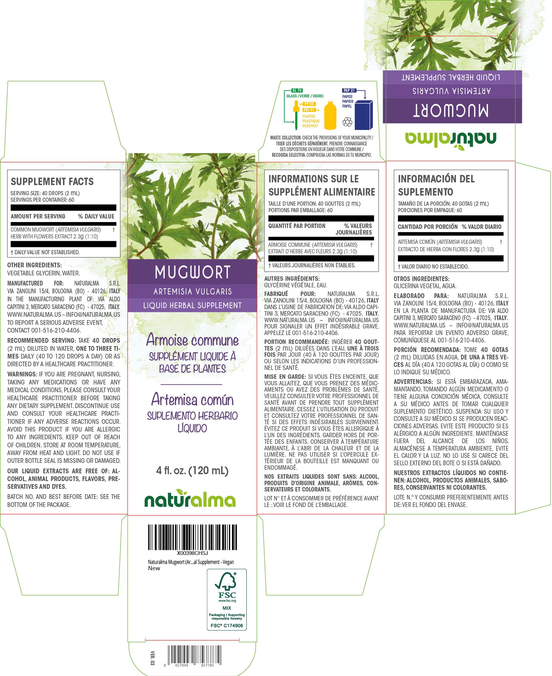 Naturalma Mugwort Liquid Herbal Supplement bottle back view
