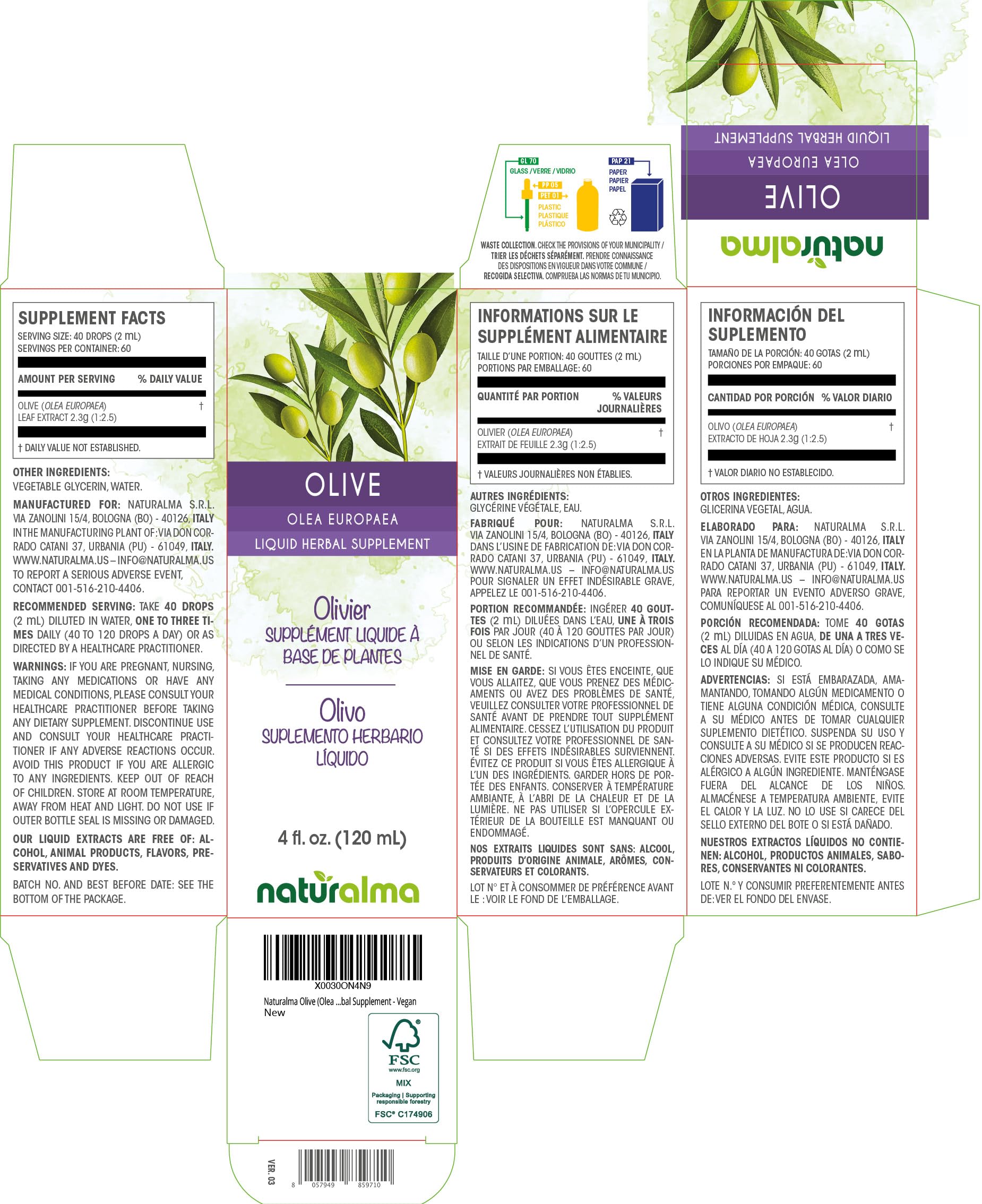 Naturalma Olive Leaf Liquid Extract 180g bottle side view