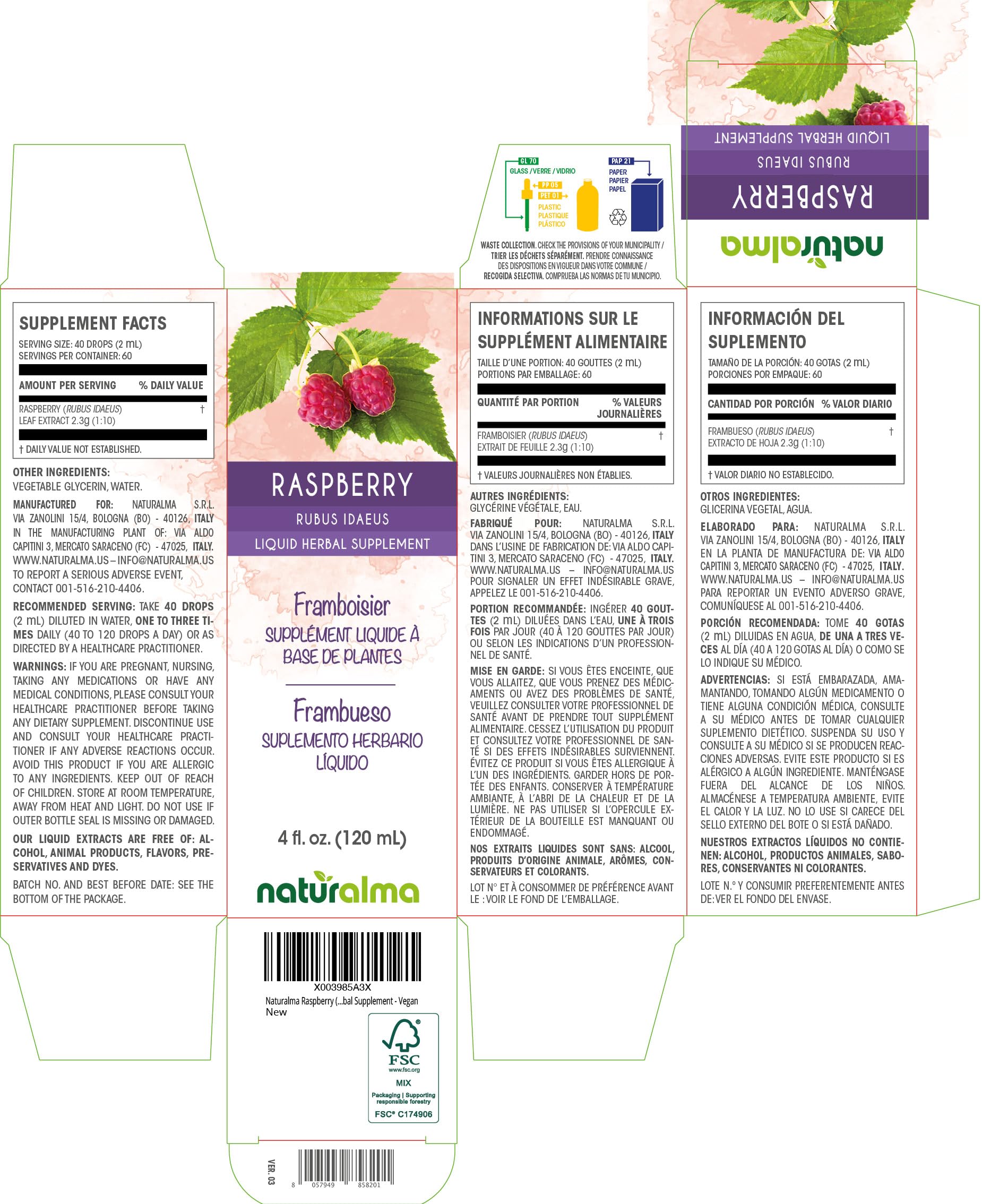 Naturalma Raspberry Leaf Liquid Extract 180g bottle side view