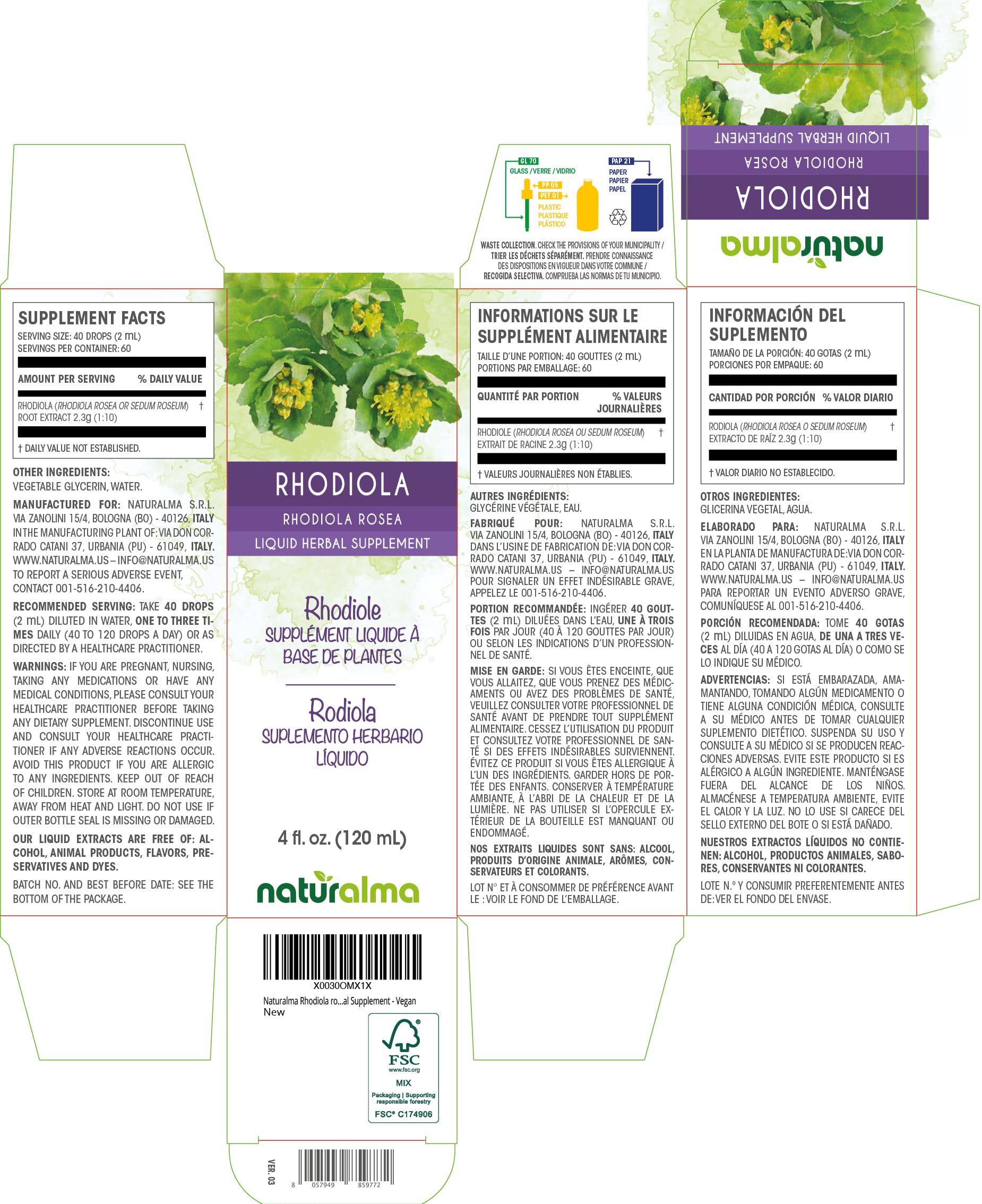 Naturalma Rhodiola Rosea Liquid Extract 180g bottle with dropper