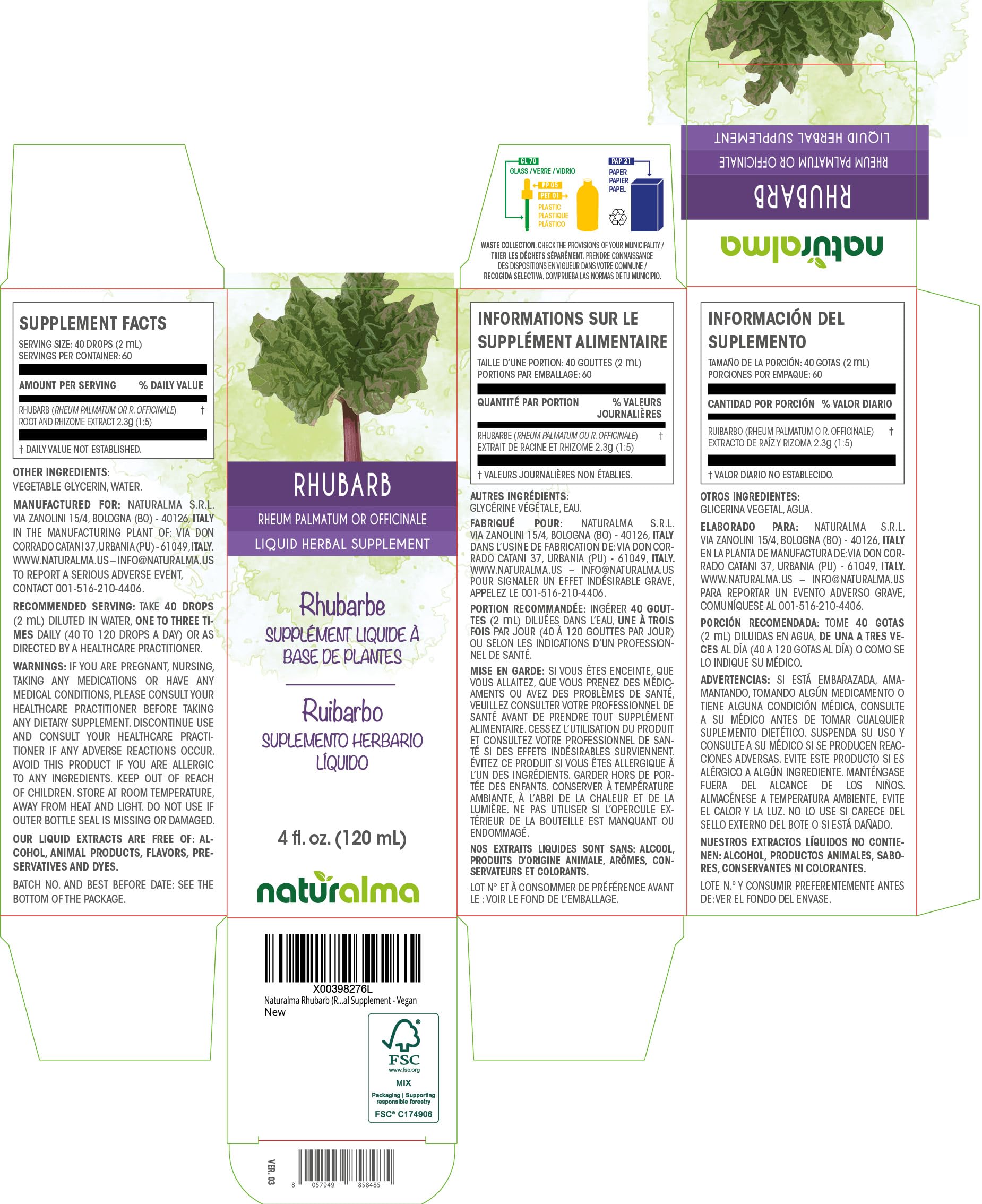 Naturalma Rhubarb Liquid Herbal Supplement bottle side view