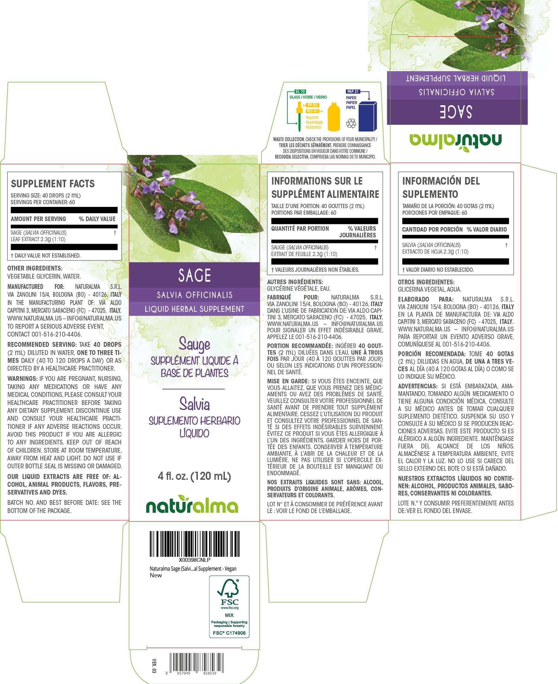 Naturalma Sage Leaf Liquid Extract 1:10 bottle back view