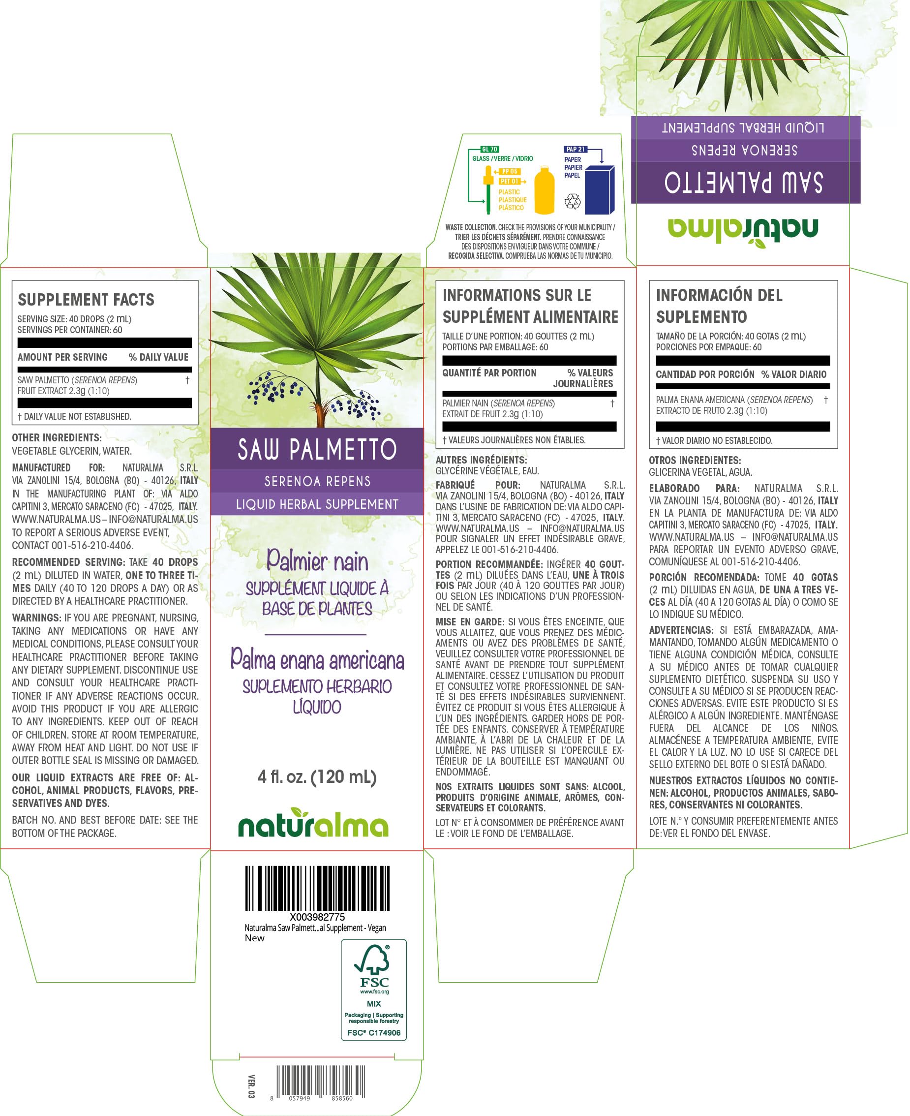 Naturalma Saw Palmetto Liquid Extract 180g side view