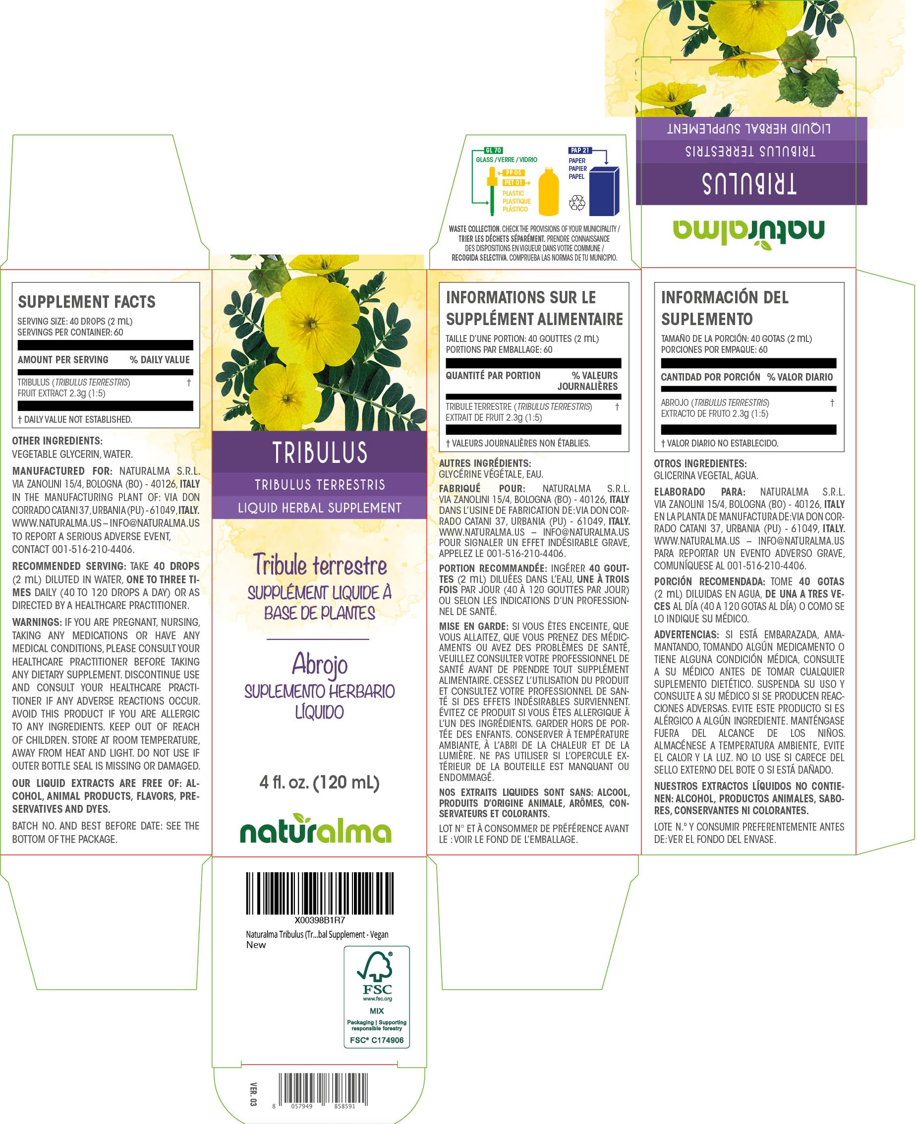 Naturalma Tribulus Liquid Extract 180g bottle side view