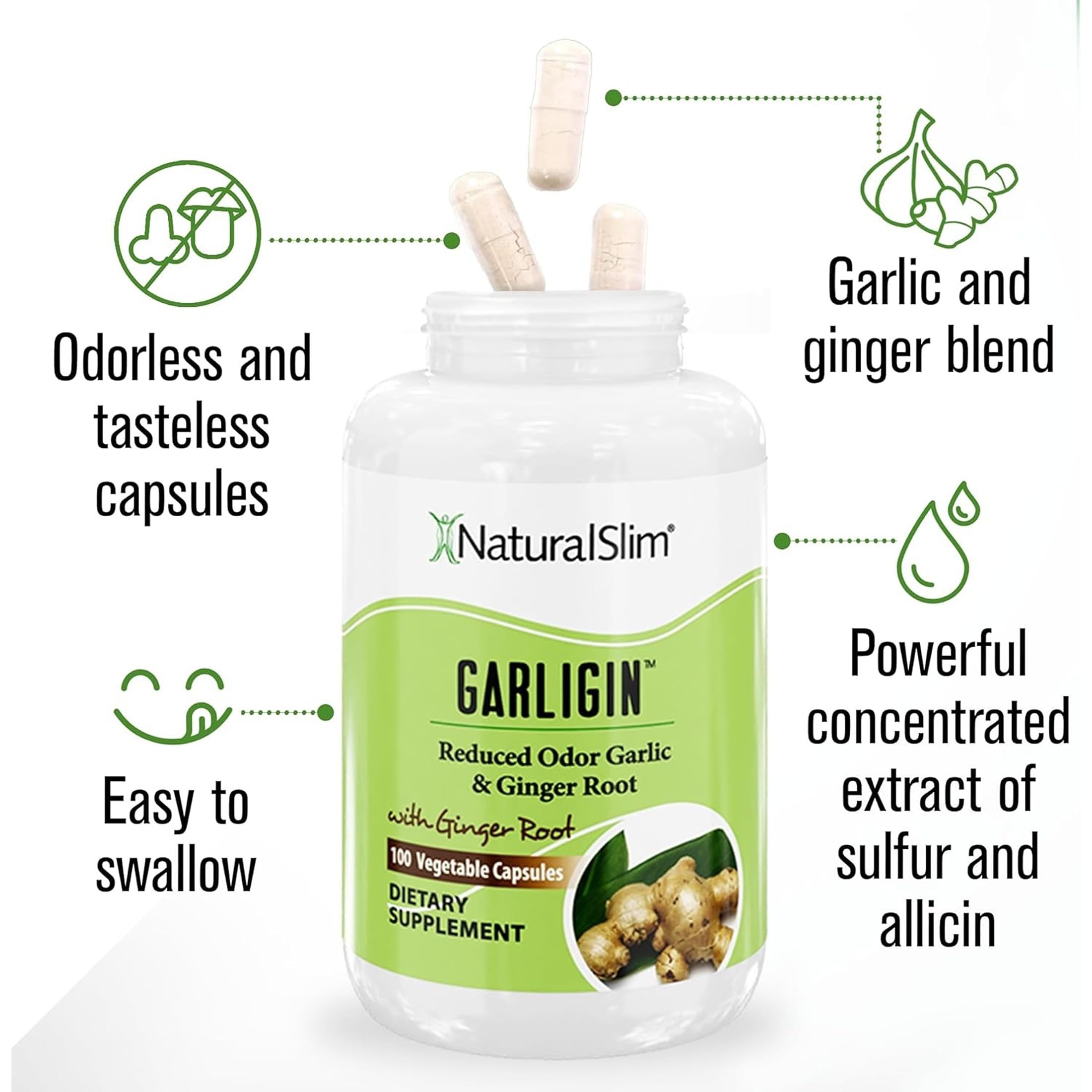 NaturalSlim Garligin garlic capsules side view showing dosage