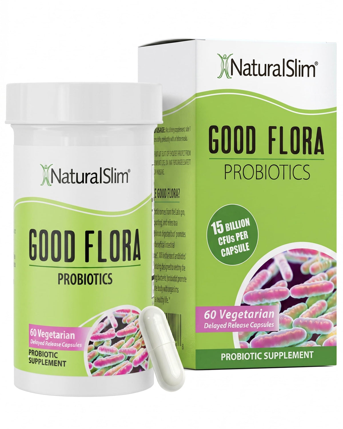 NaturalSlim Good Flora Probiotic Capsules front view with packaging