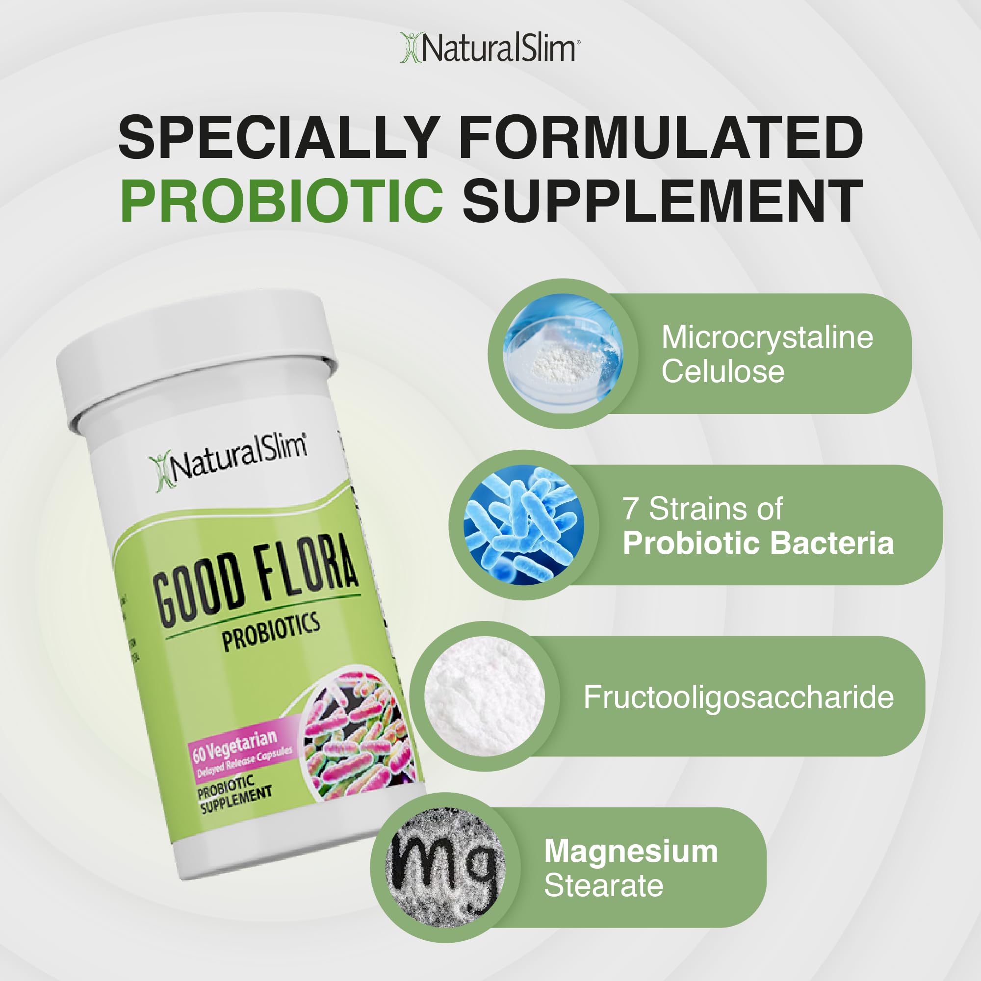 NaturalSlim Good Flora Probiotic Capsules on a wooden table