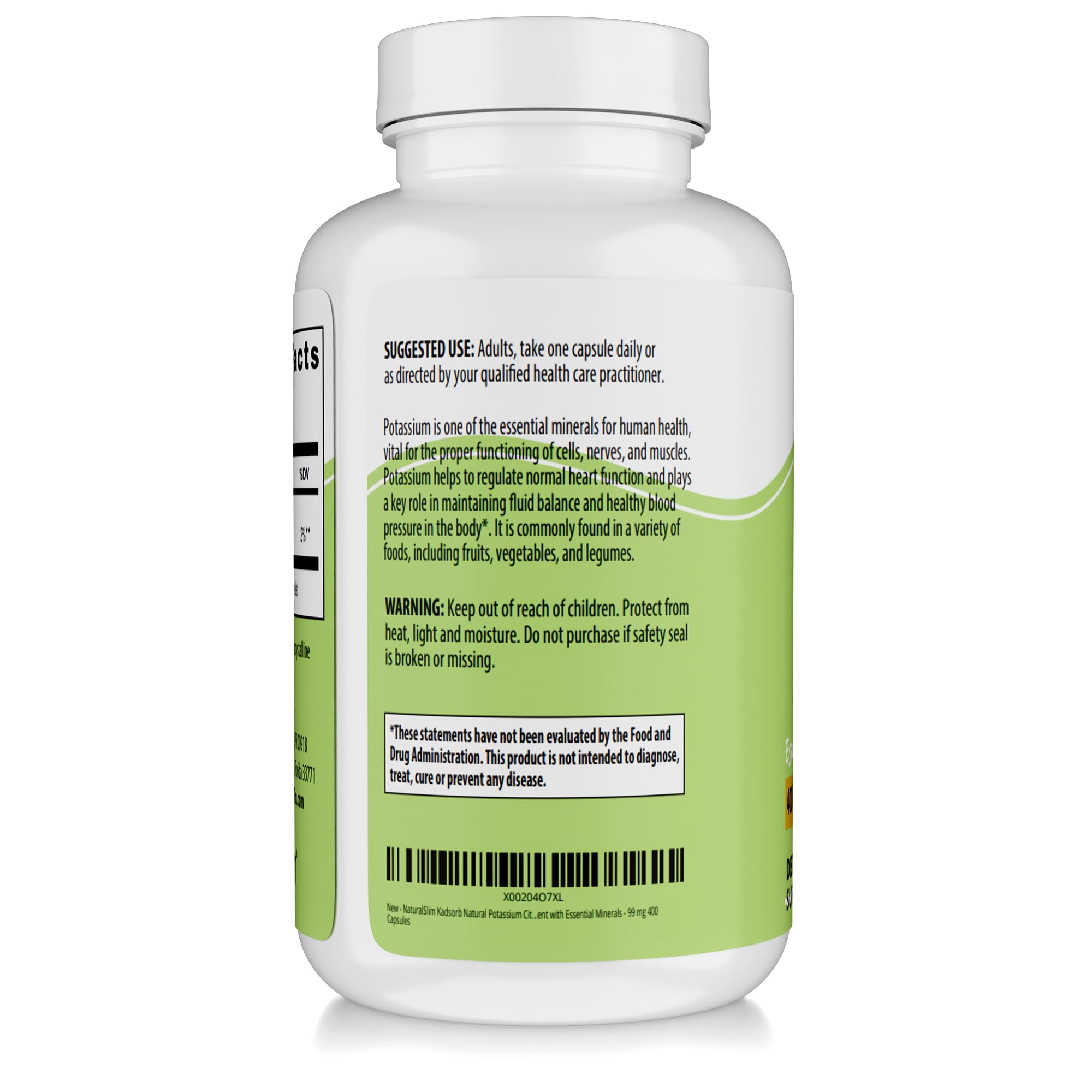 NaturalSlim Kadsorb Potassium Citrate supplement bottle back view