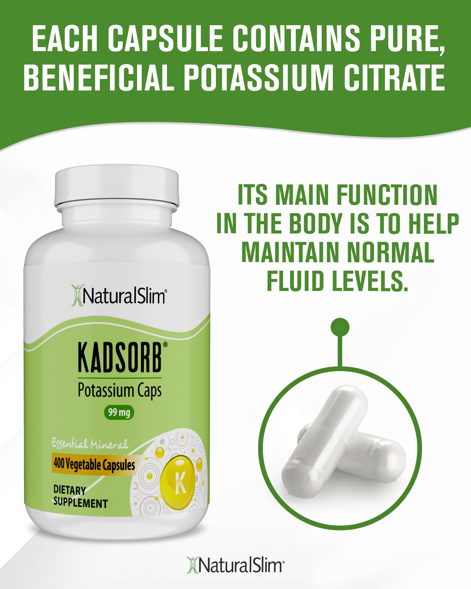 NaturalSlim Kadsorb Potassium Citrate Supplement bottle with measuring spoon