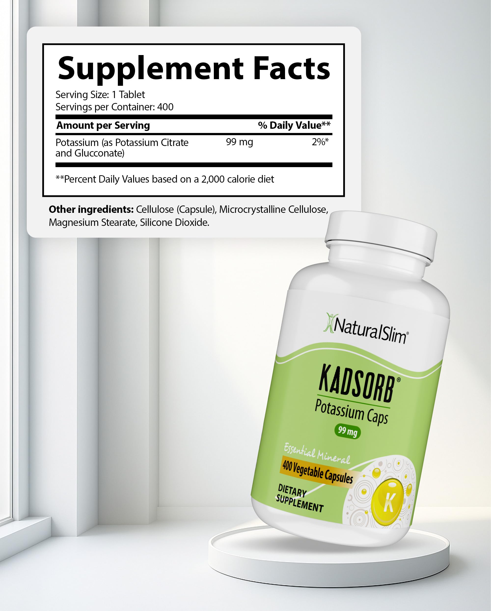 NaturalSlim Kadsorb Potassium Citrate supplement capsules on a table