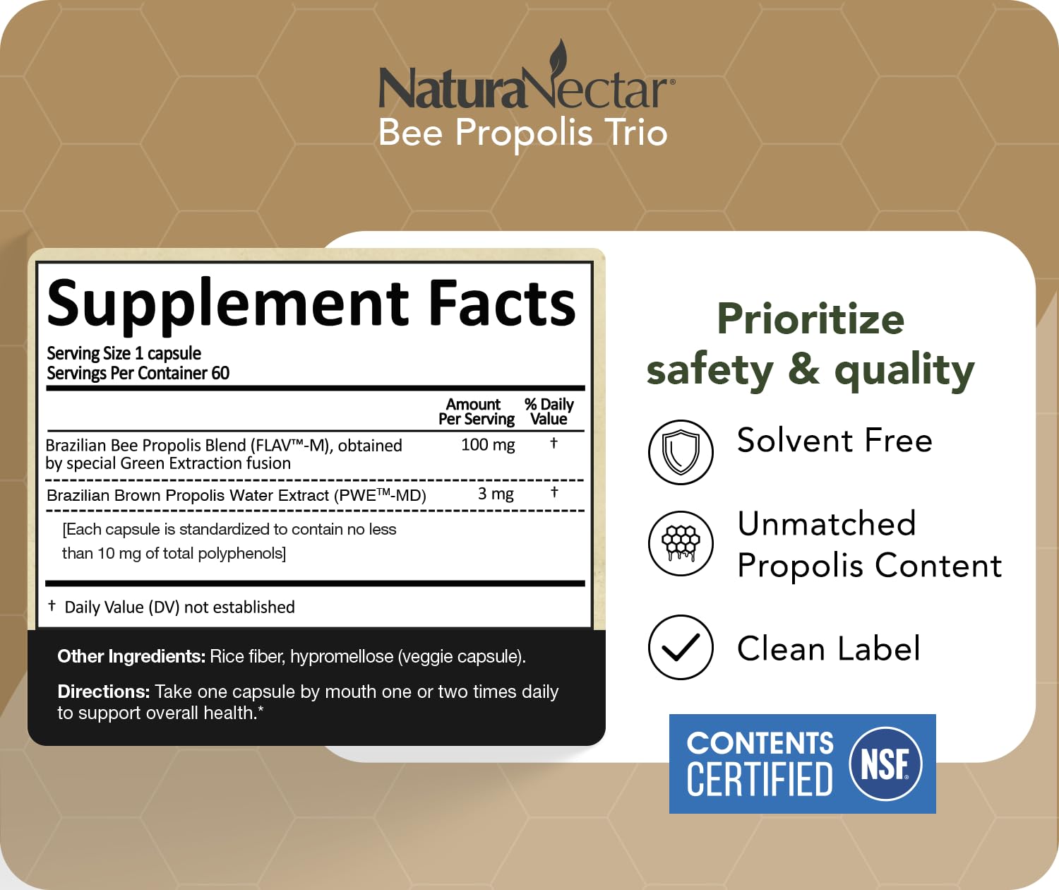 NaturaNectar Bee Propolis Trio Capsules displayed on a wooden table