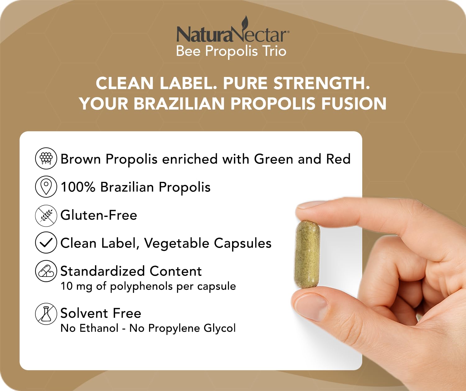 NaturaNectar Bee Propolis Trio Capsules side view showing ingredients