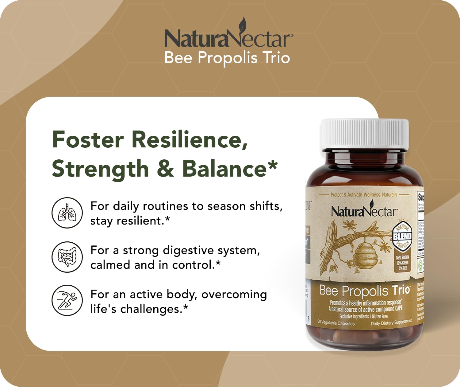 NaturaNectar Bee Propolis Trio Capsules with a measuring spoon