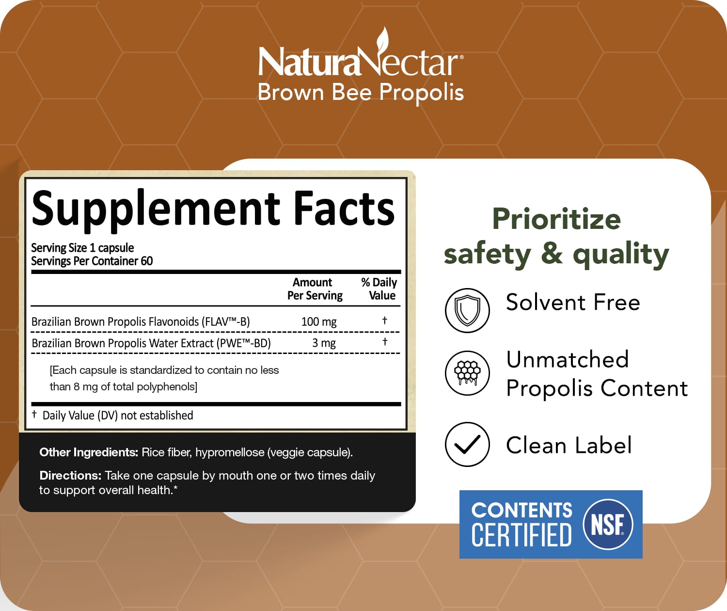 NaturaNectar Brown Bee Propolis Capsules ingredients close-up