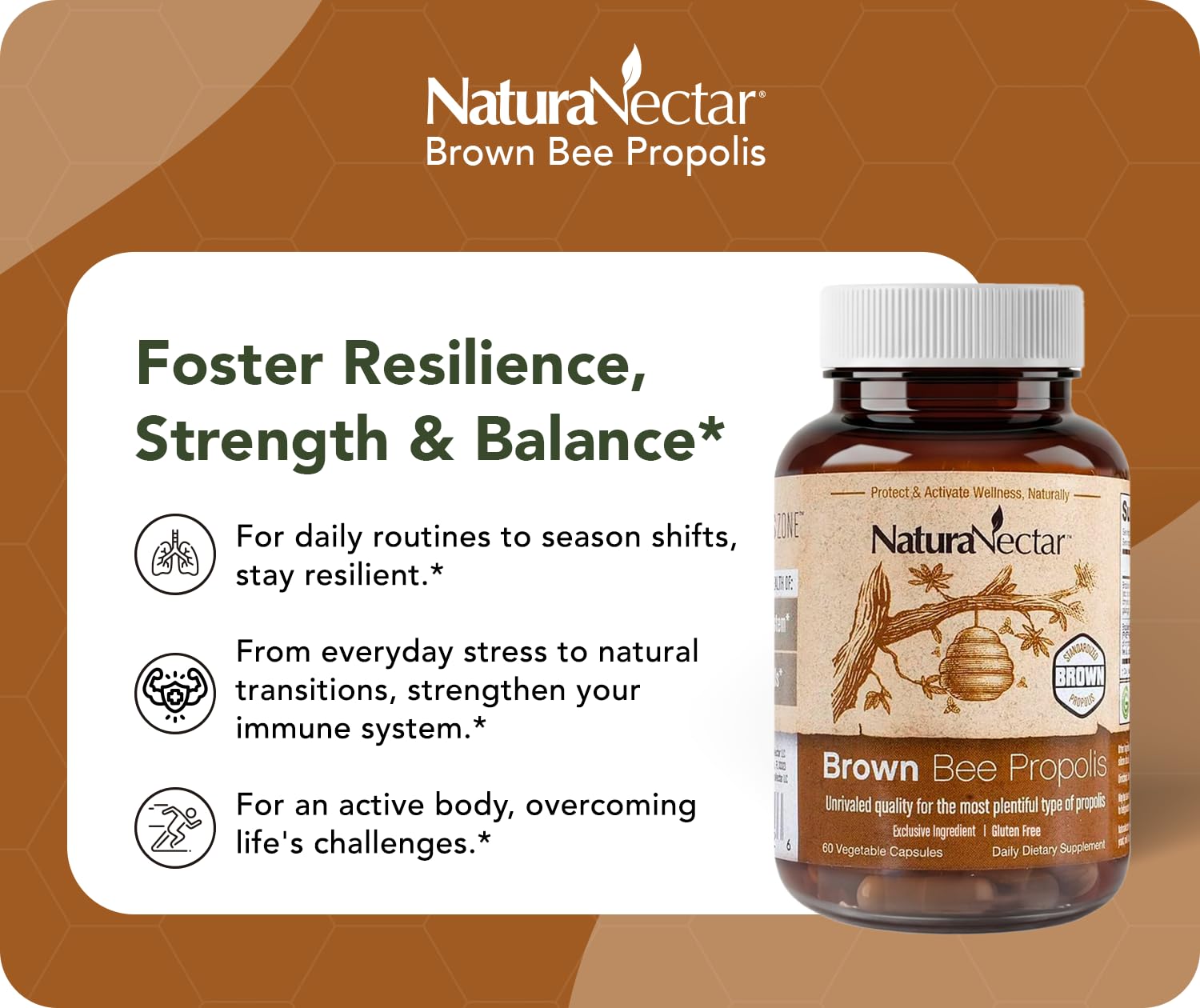 NaturaNectar Brown Bee Propolis Capsules on a wooden table