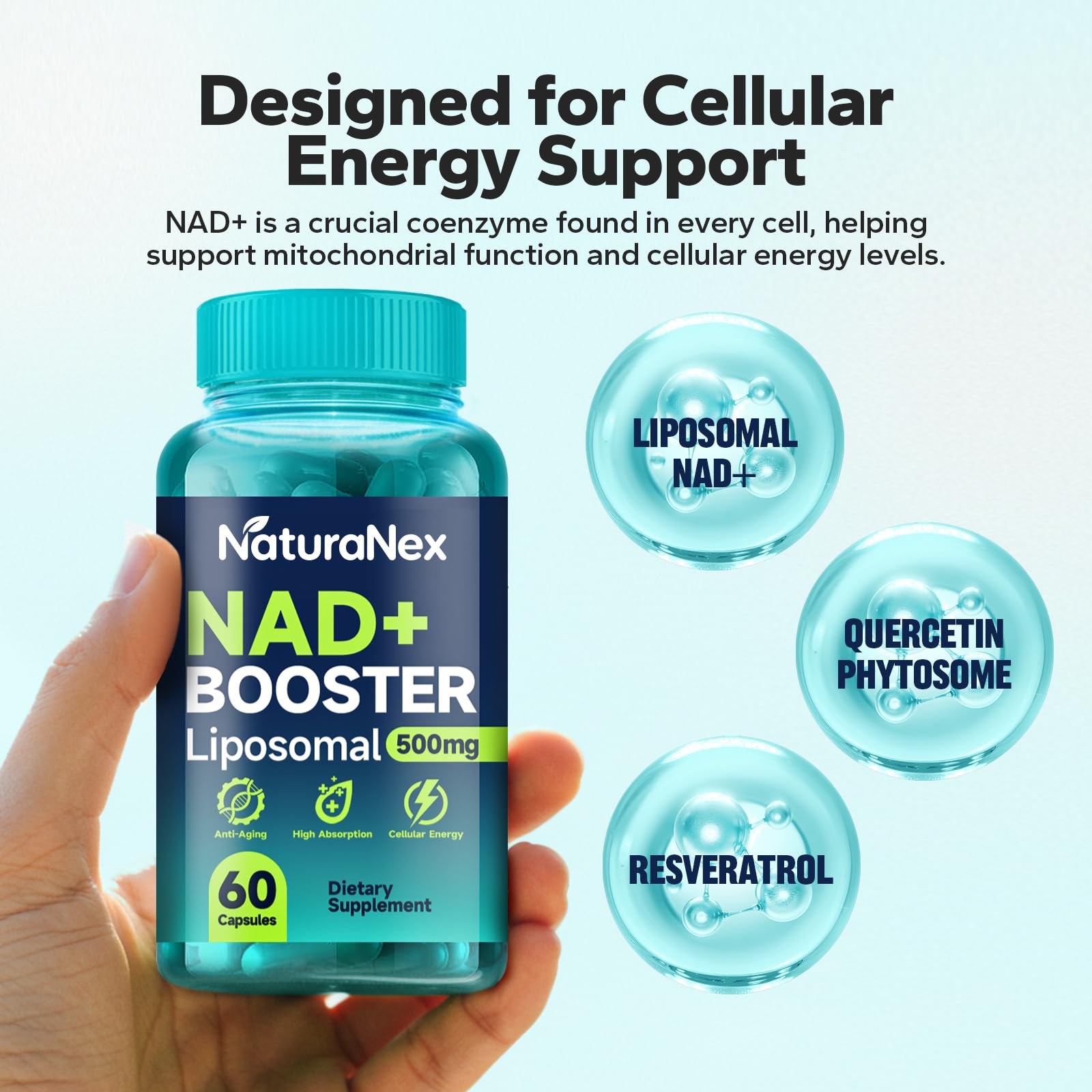 NaturaNex Liposomal NAD+ Supplement 500mg side view