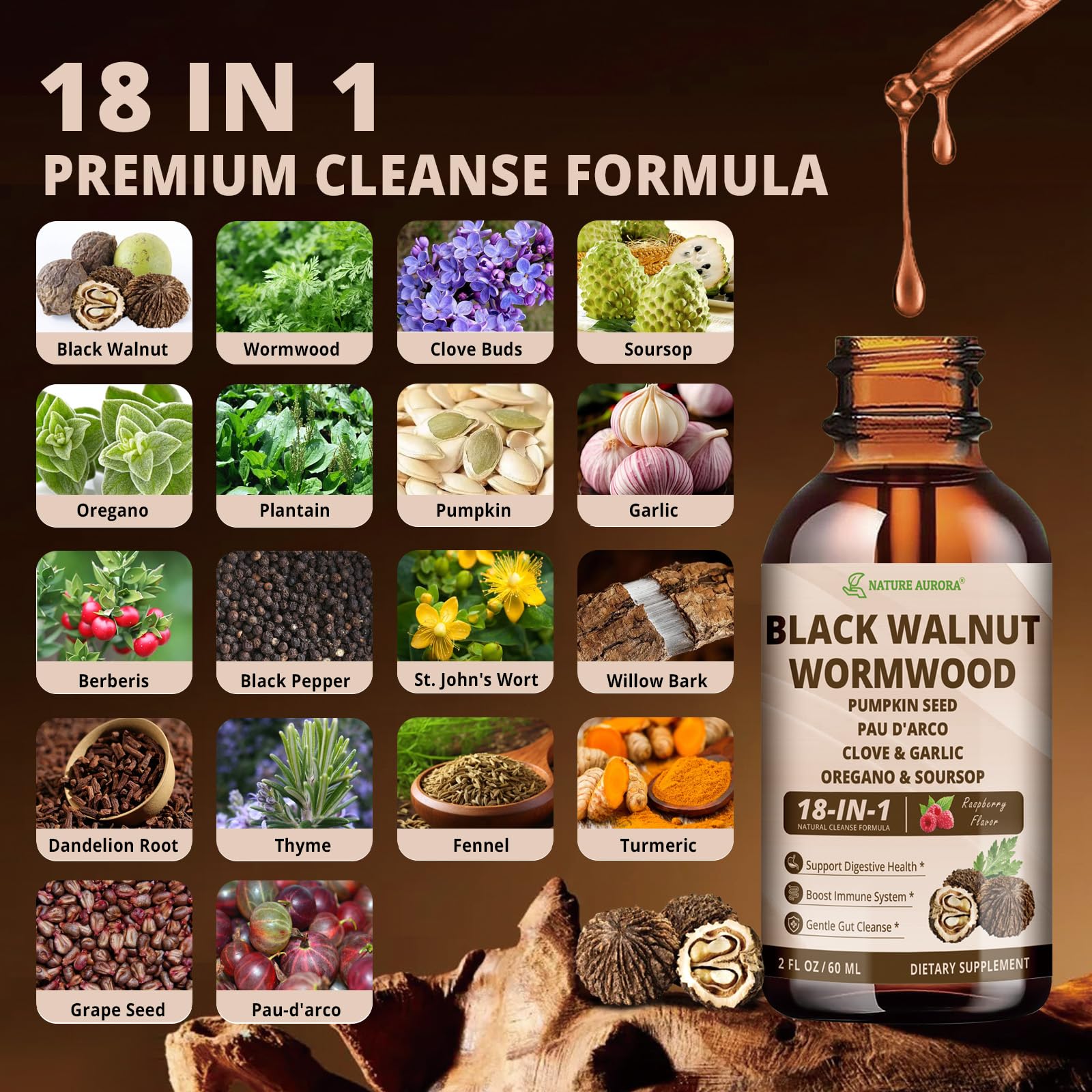 Nature Aurora Black Walnut Wormwood Drops with dropper