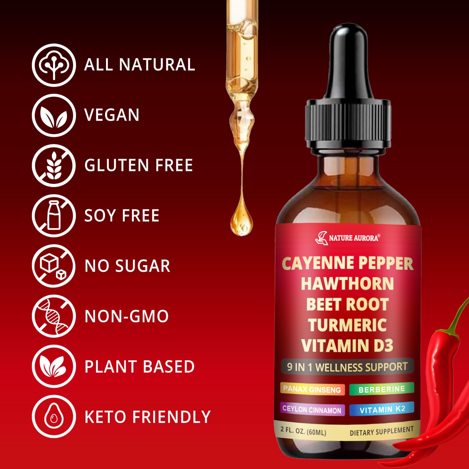 Nature Aurora Cayenne Pepper Liquid Drops 40g close-up of the dropper